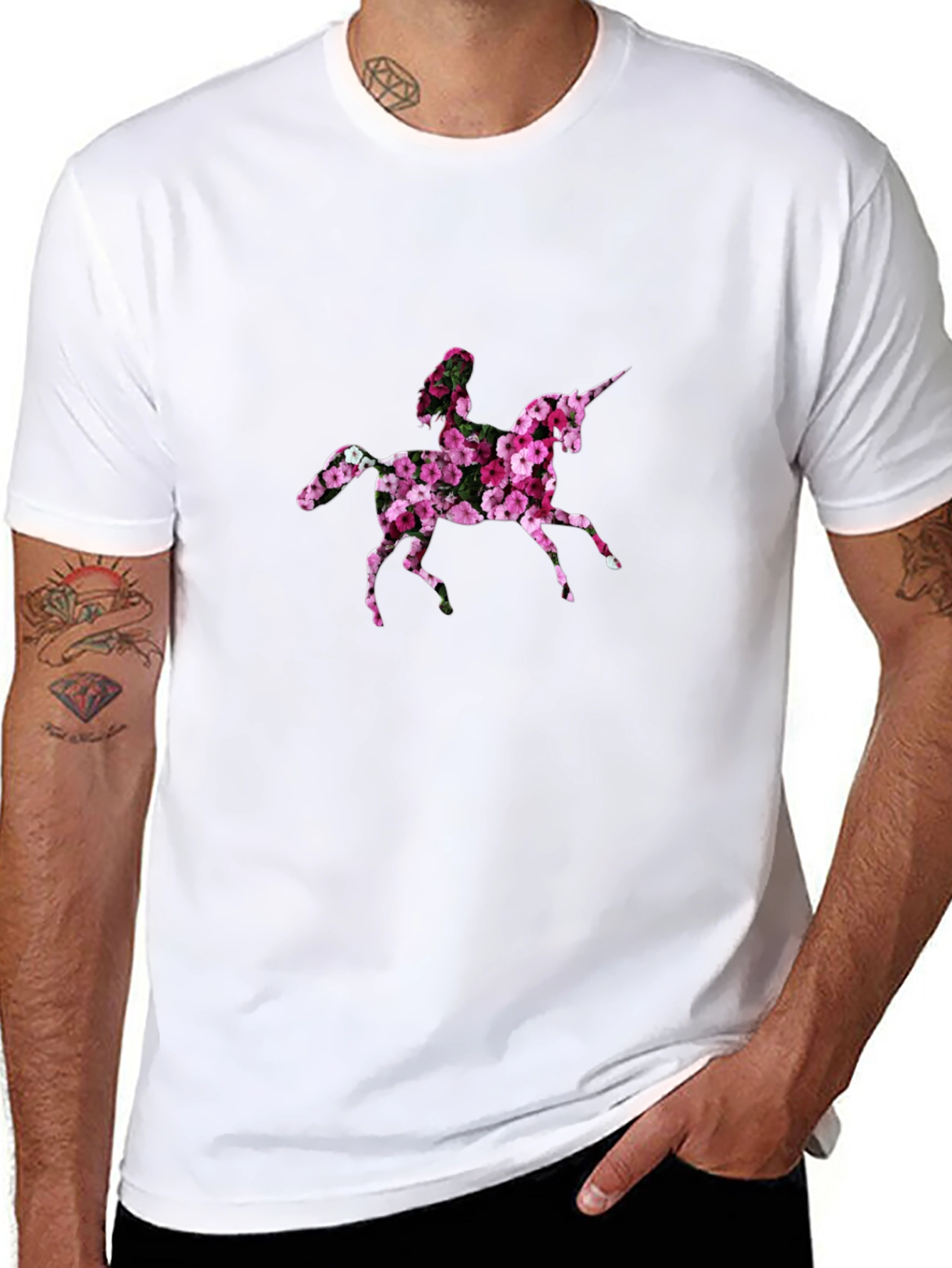 Black Floral Unicorn Graphic T-Shirt - Black Cotton Tee view 8
