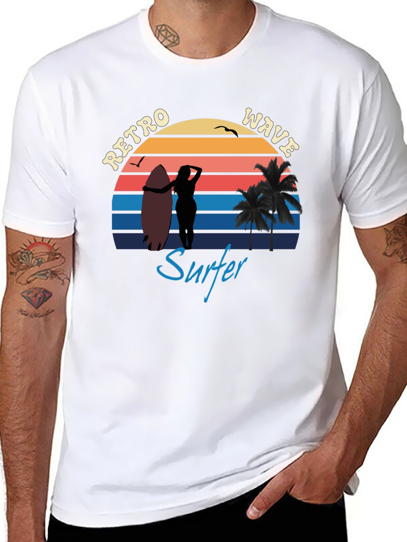 Black Retro Wave Surfer T-Shirt | Vintage Surf Design view 8