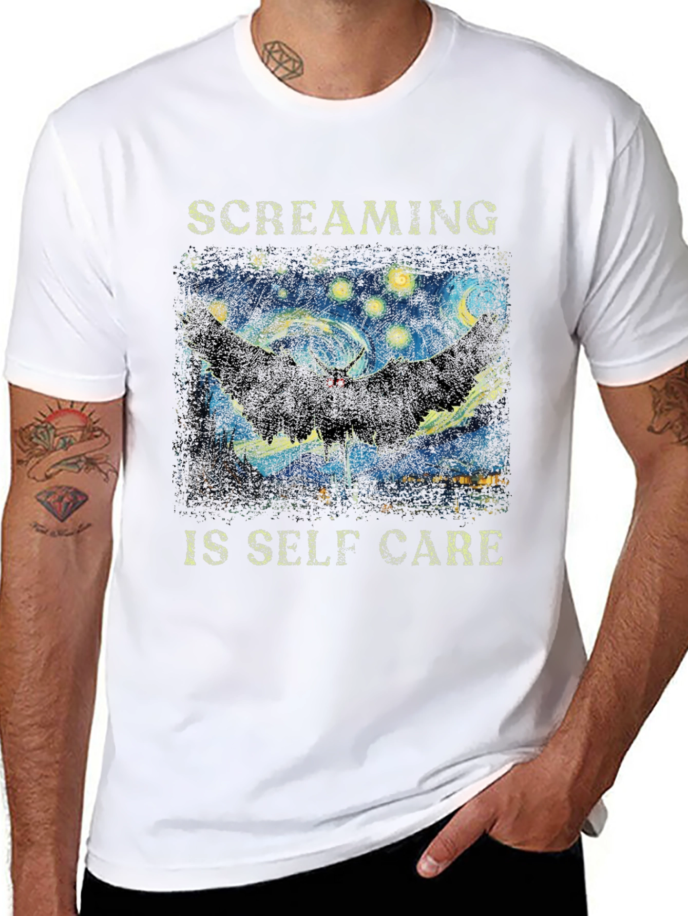 Black Screaming Is Self Care T-Shirt Starry Night Mothman Tee view 8
