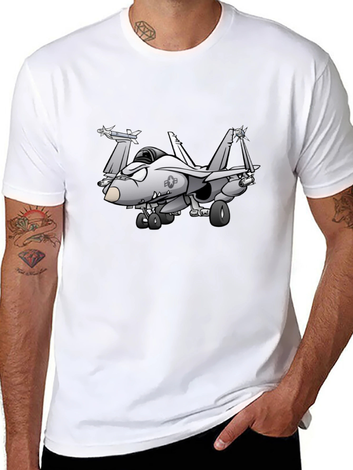 Black Cartoon Fighter Jet Graphic Black T-Shirt view 8