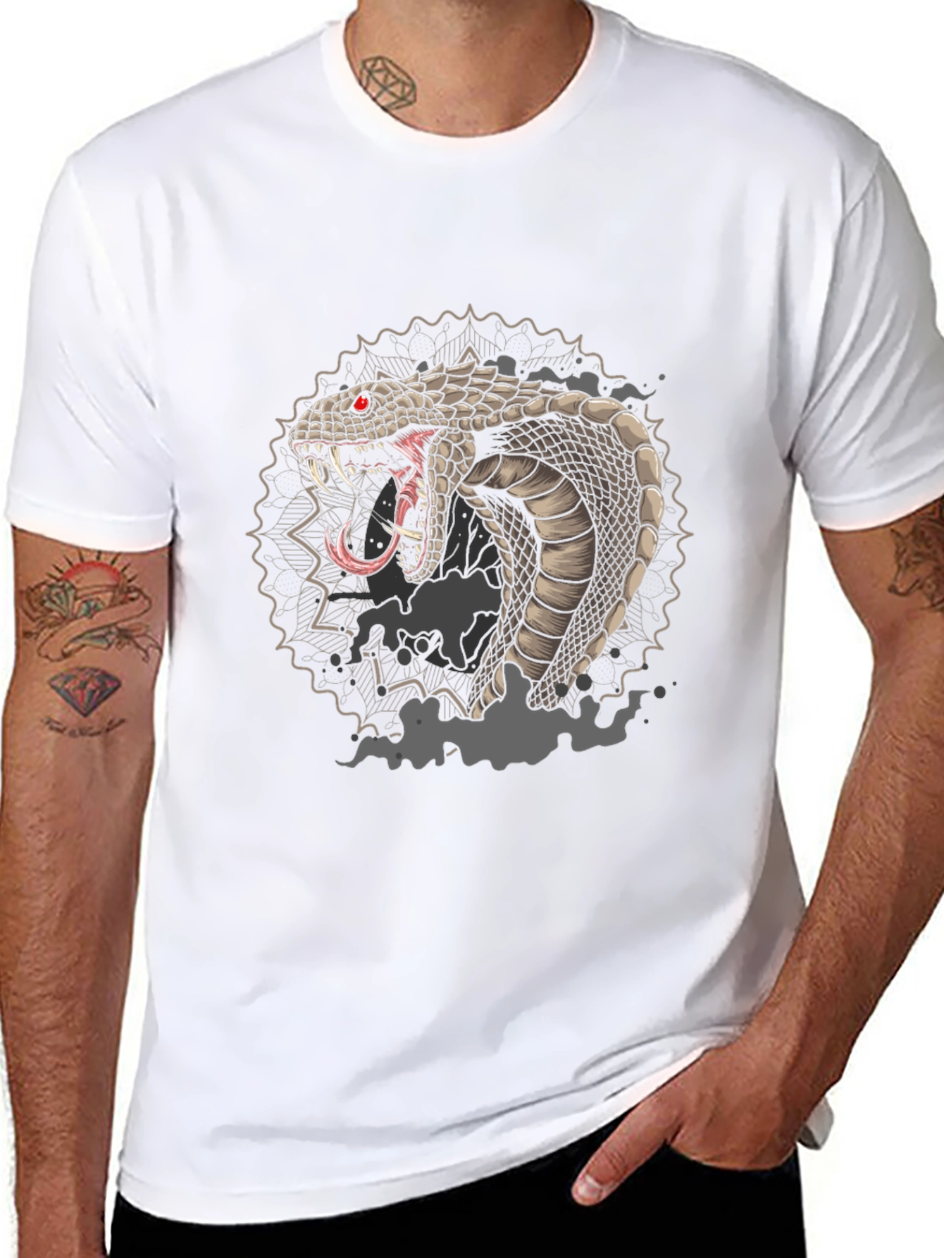 Black Men's Black Graphic Tee - Cobra Snake Design view 8