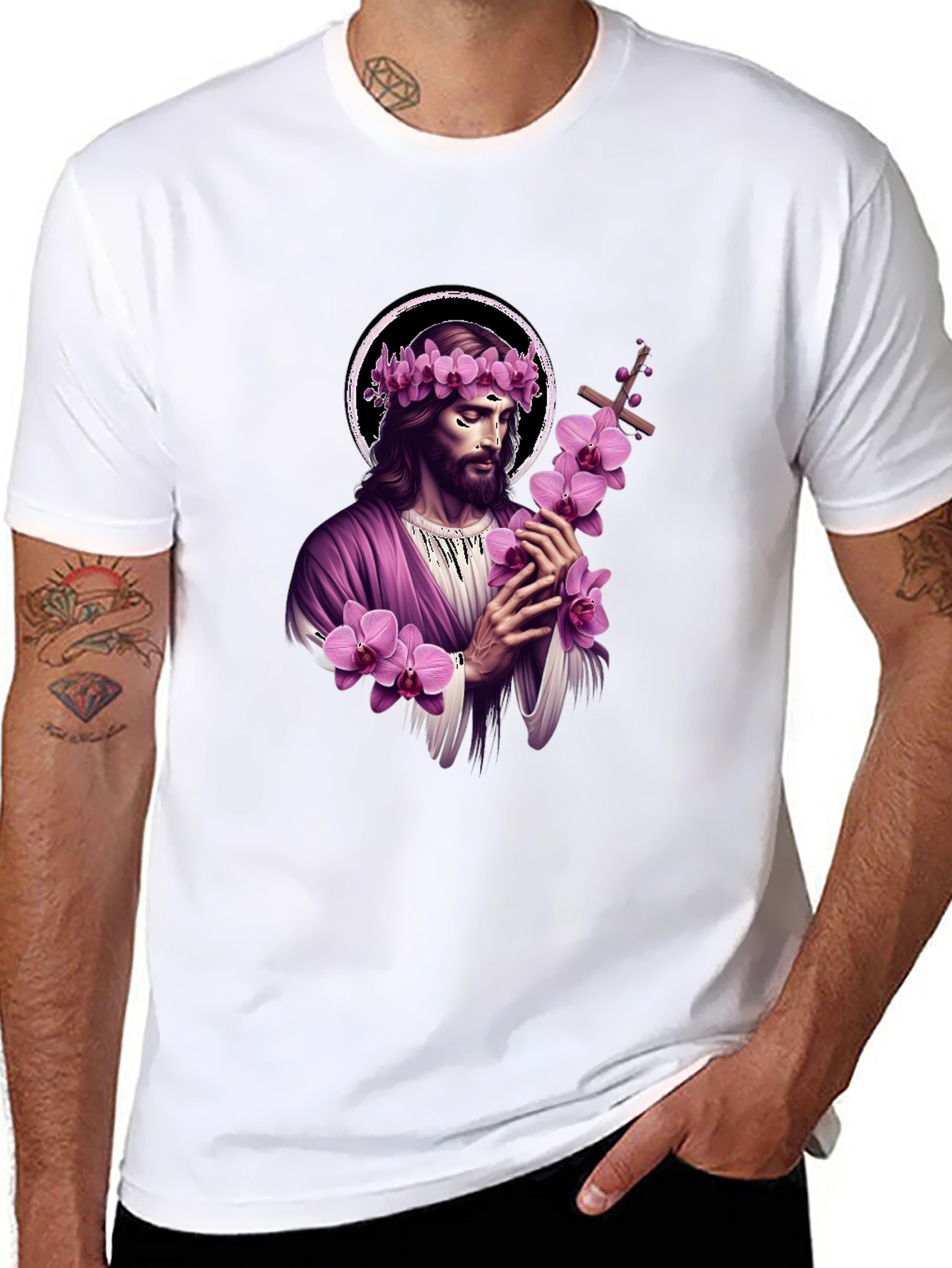 Black Jesus with Flowers Graphic T-Shirt - Soft Black Cotton Blend view 8