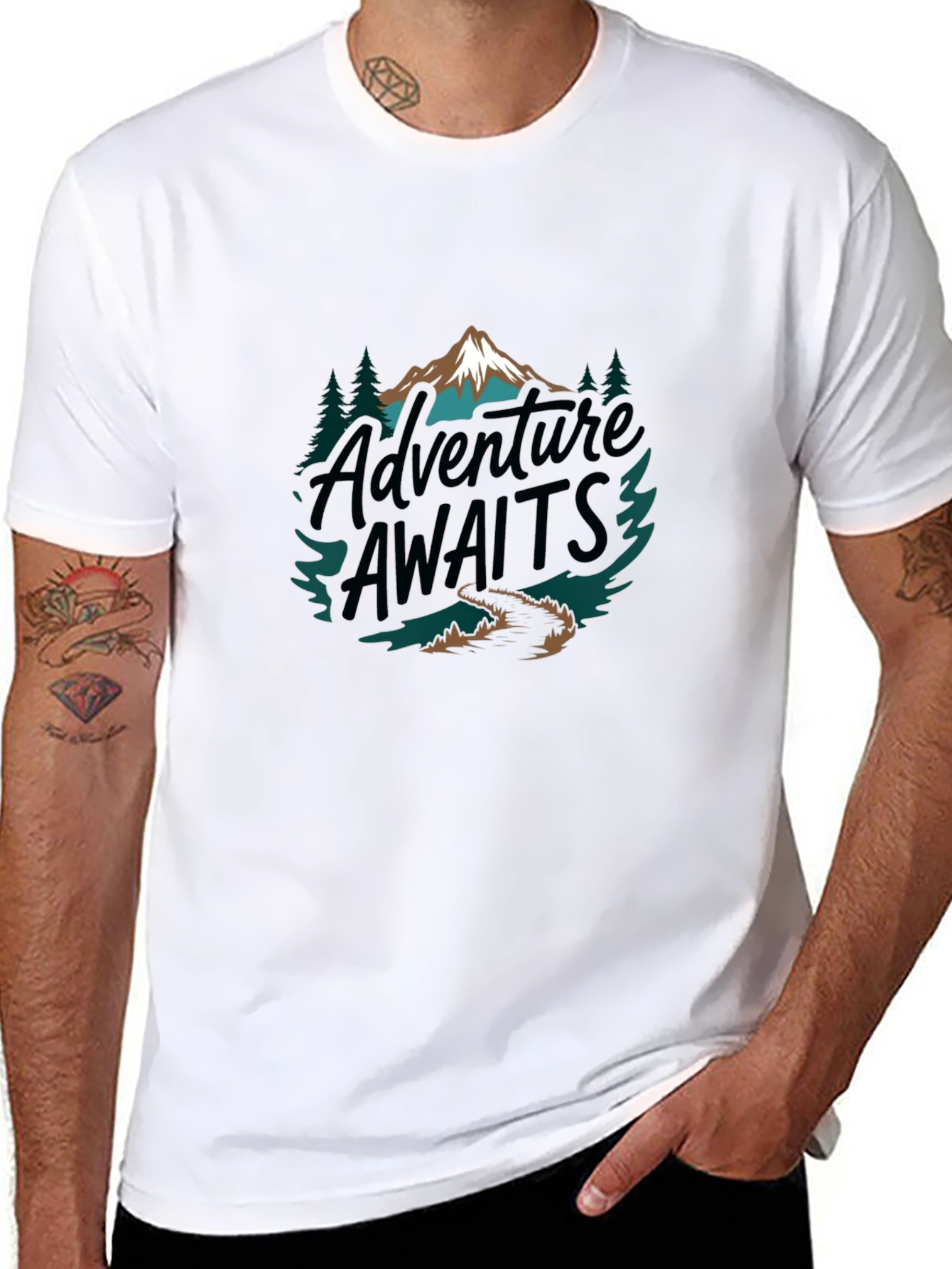 Black Adventure Awaits Graphic Tee - Mountain Design view 8