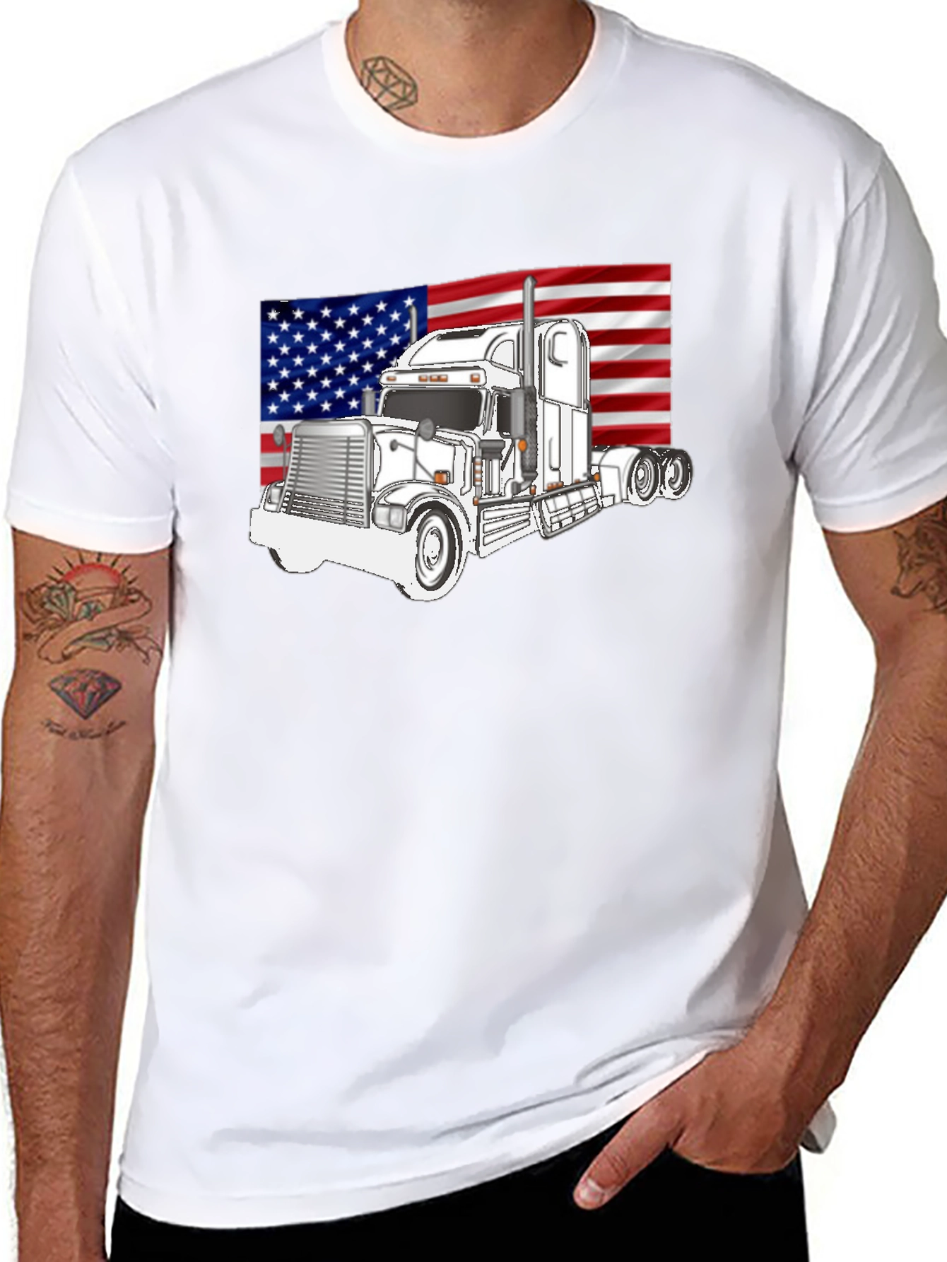 Black Trucker Pride Tee: American Flag Semi Truck Graphic T-Shirt view 8