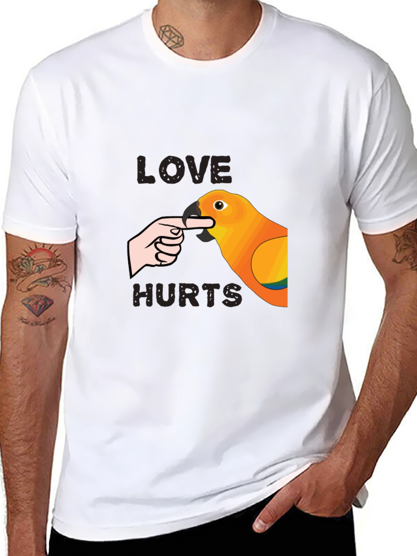 Black Love Hurts Parrot T-Shirt - Funny Bird Bite Tee view 8