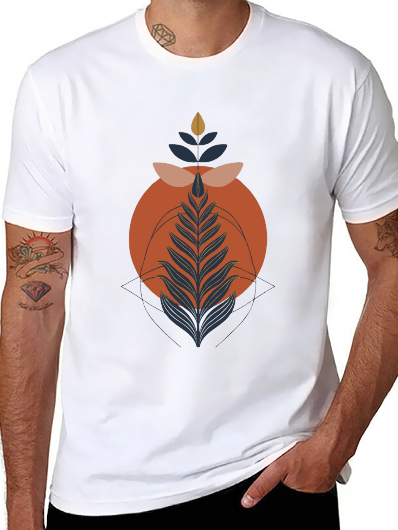 Black Modern Geometric Plant Graphic Tee - Stylish Black T-Shirt view 8