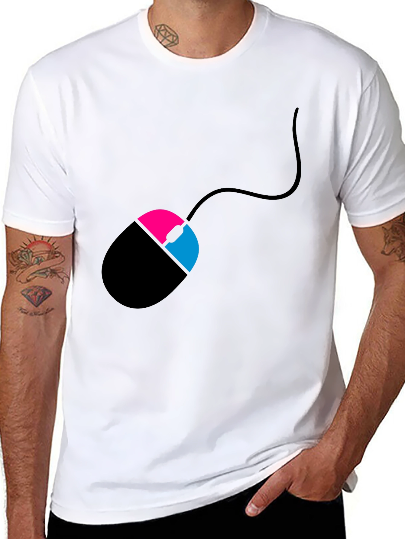 Black Men's Black T-Shirt with Mouse Design view 8