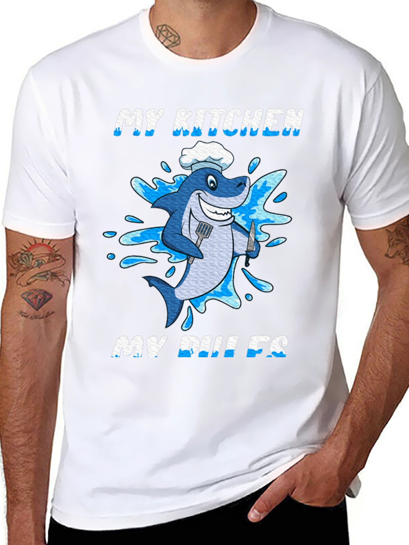 Black My Kitchen My Rules Shark Chef T-Shirt view 8