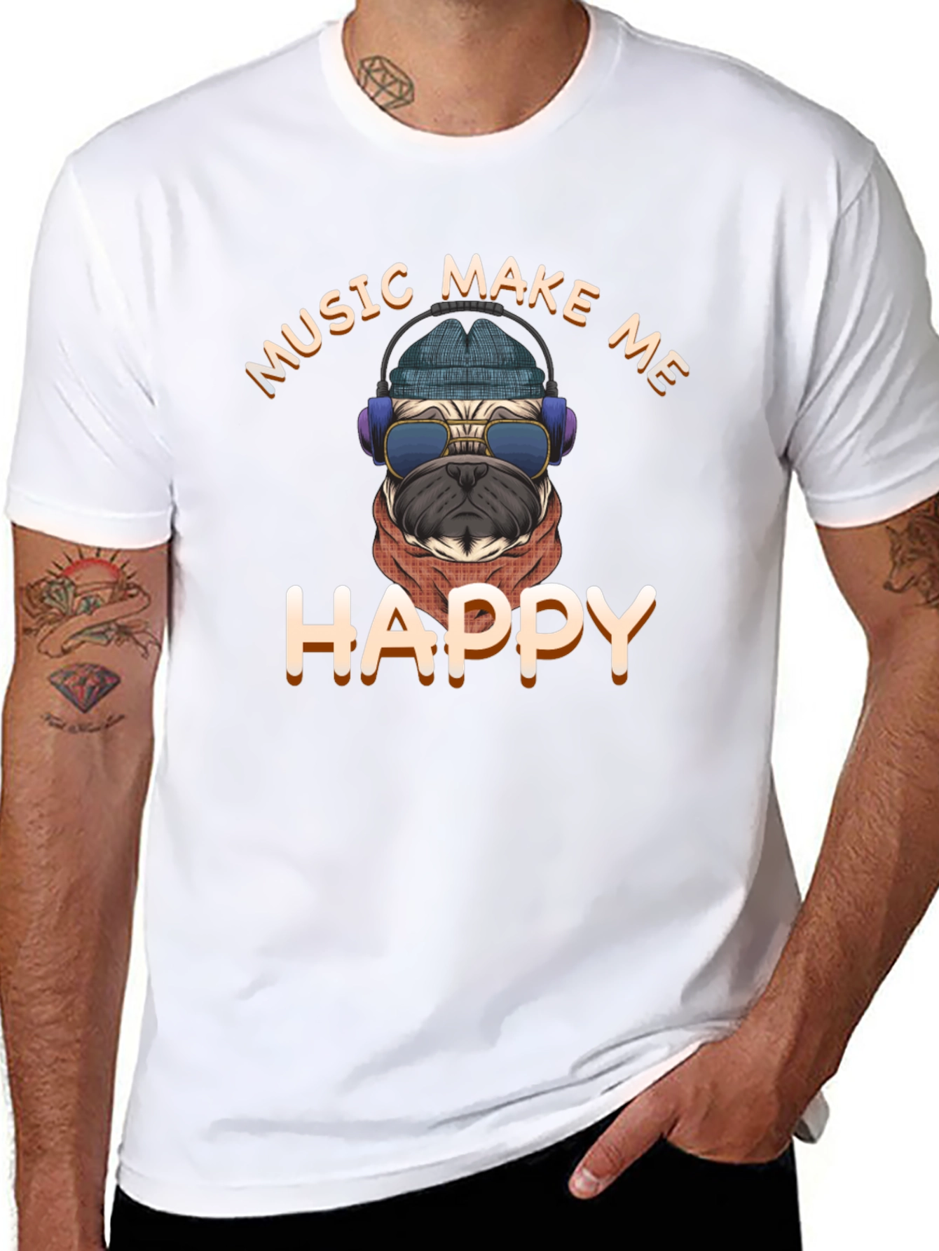 Black Music Make Me Happy Pug Graphic T-Shirt view 8