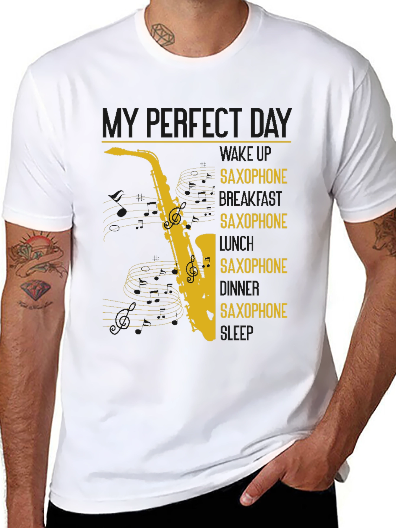 Black Saxophone Lover Graphic T-Shirt - Perfect Day Design view 8
