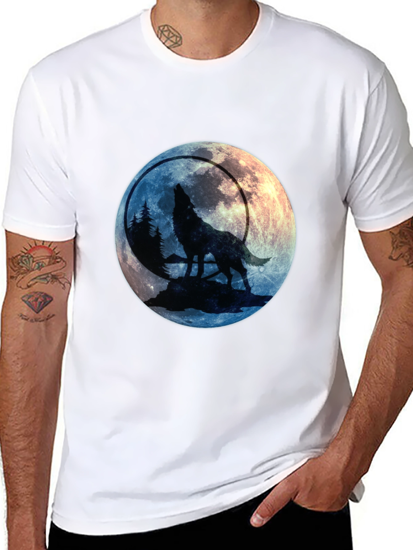 Black Wolf Howling at Moon Graphic Tee view 8