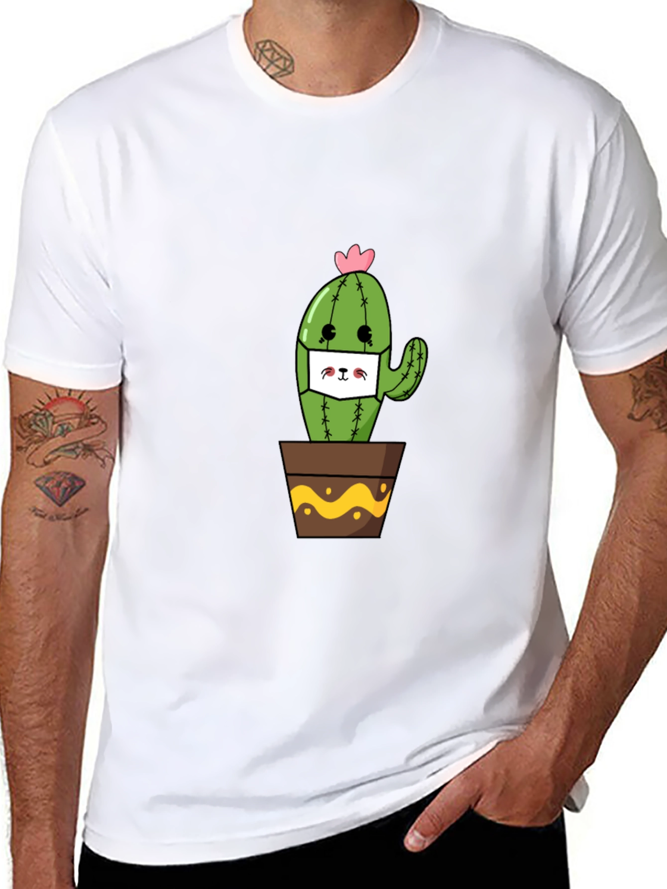 Black Cute Cactus Face Mask T-Shirt view 8