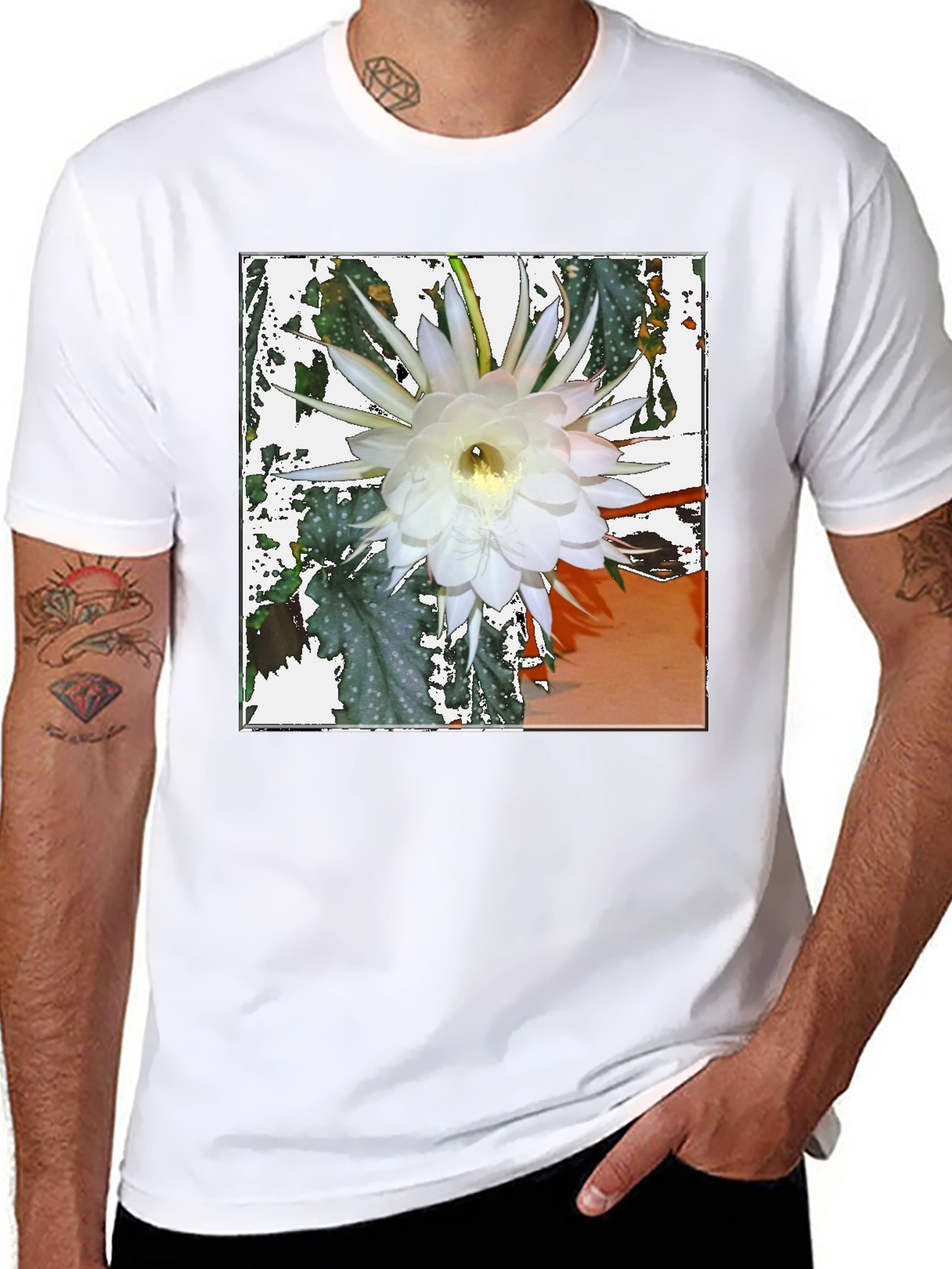 Black Floral Print Tee - Night Blooming Cereus Design view 8