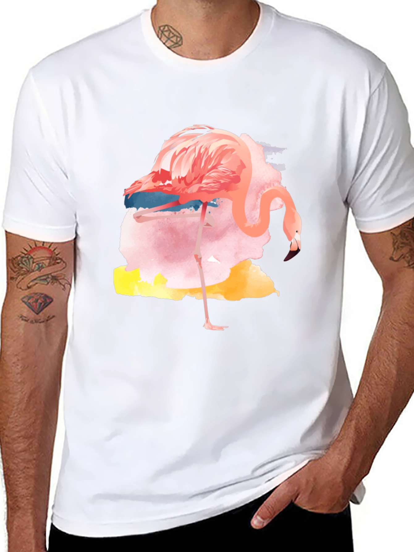 Black Watercolor Flamingo Graphic Tee - Casual Black T-Shirt view 8