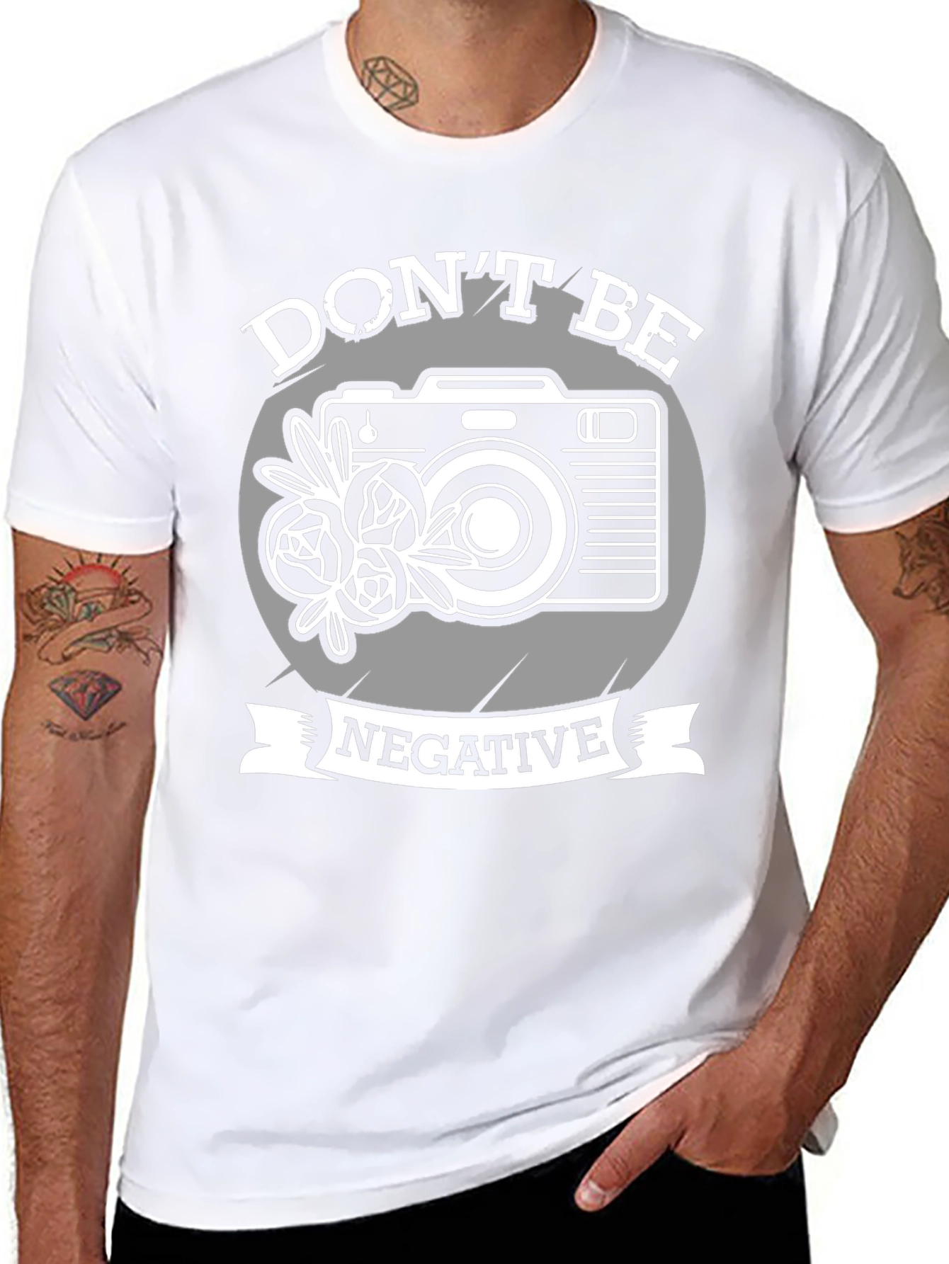 Black Don't Be Negative Camera Graphic T-Shirt view 8