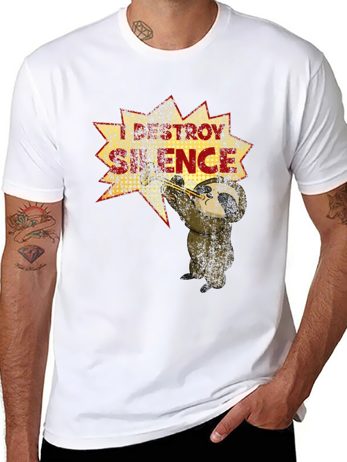 Black I Destroy Silence T-Shirt Funny Sloth Trumpet Tee view 8