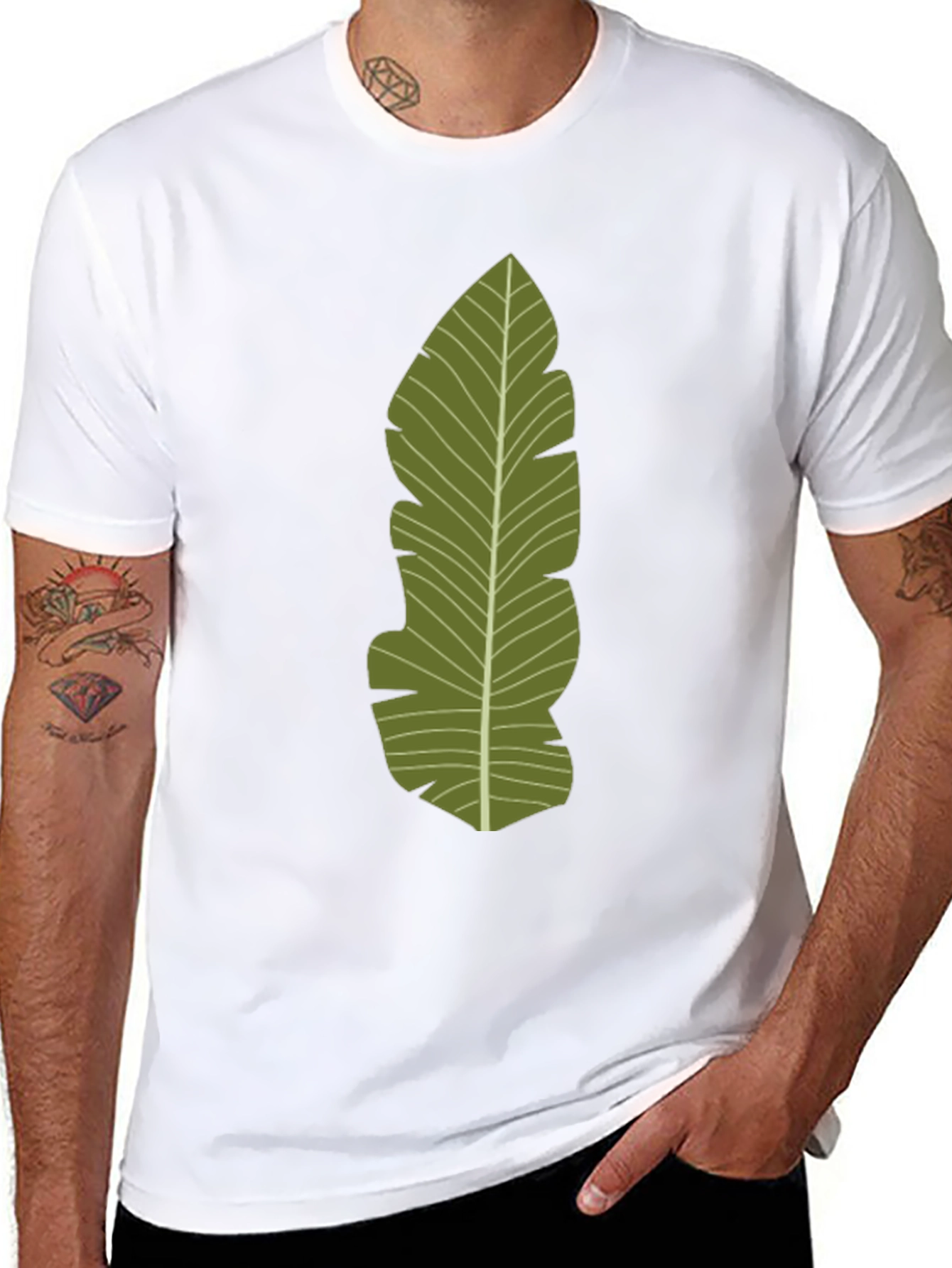 Black Tropical Leaf Print Black T-Shirt view 8