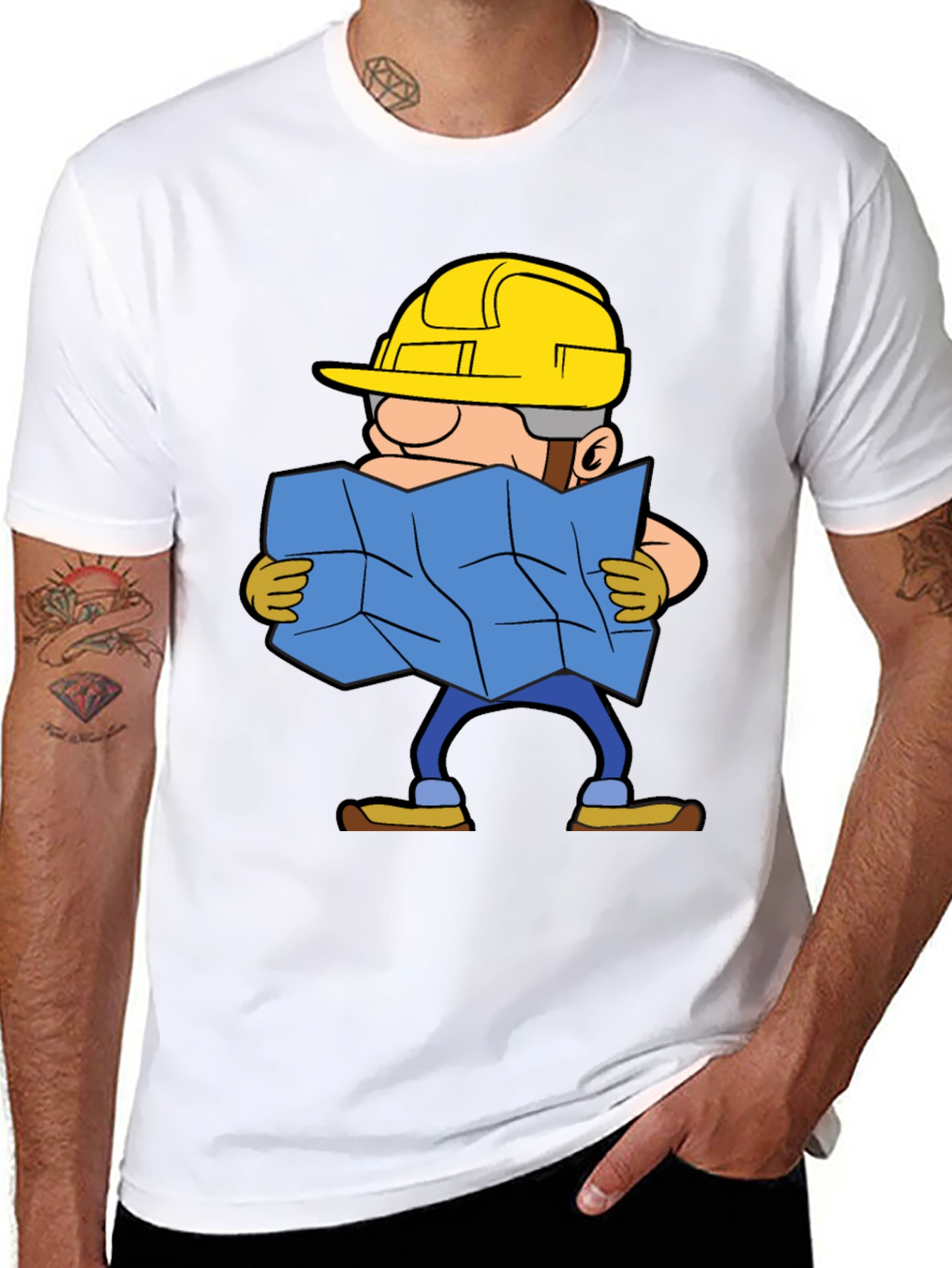 Black Construction Worker Map Cartoon Graphic Tee view 8