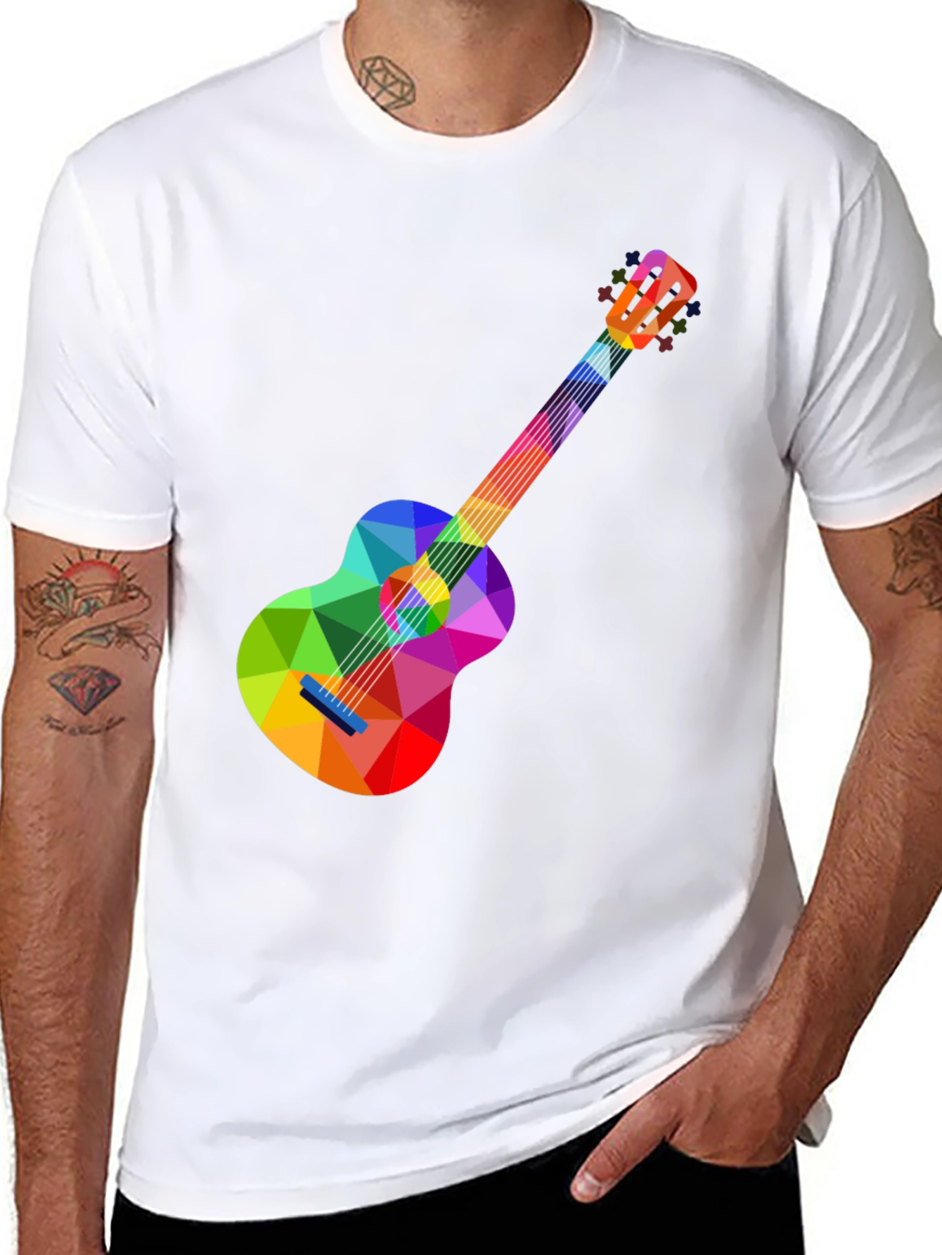 Black Colorful Geometric Guitar Graphic Tee - Stylish Music Lover T-Shirt view 8