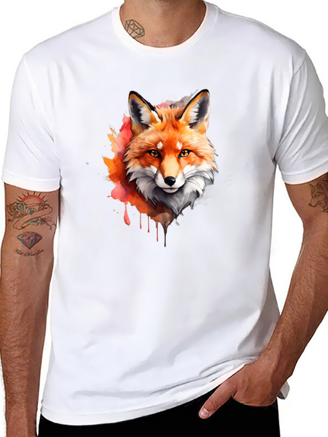 Black Fox Watercolor Graphic Tee - Stylish Men's Black T-Shirt view 8
