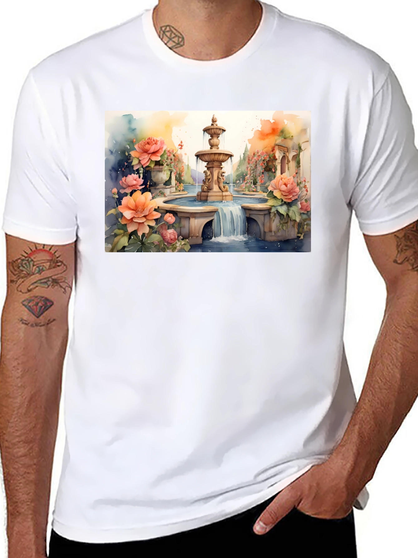 Black Floral Fountain Watercolor Art T-Shirt view 8