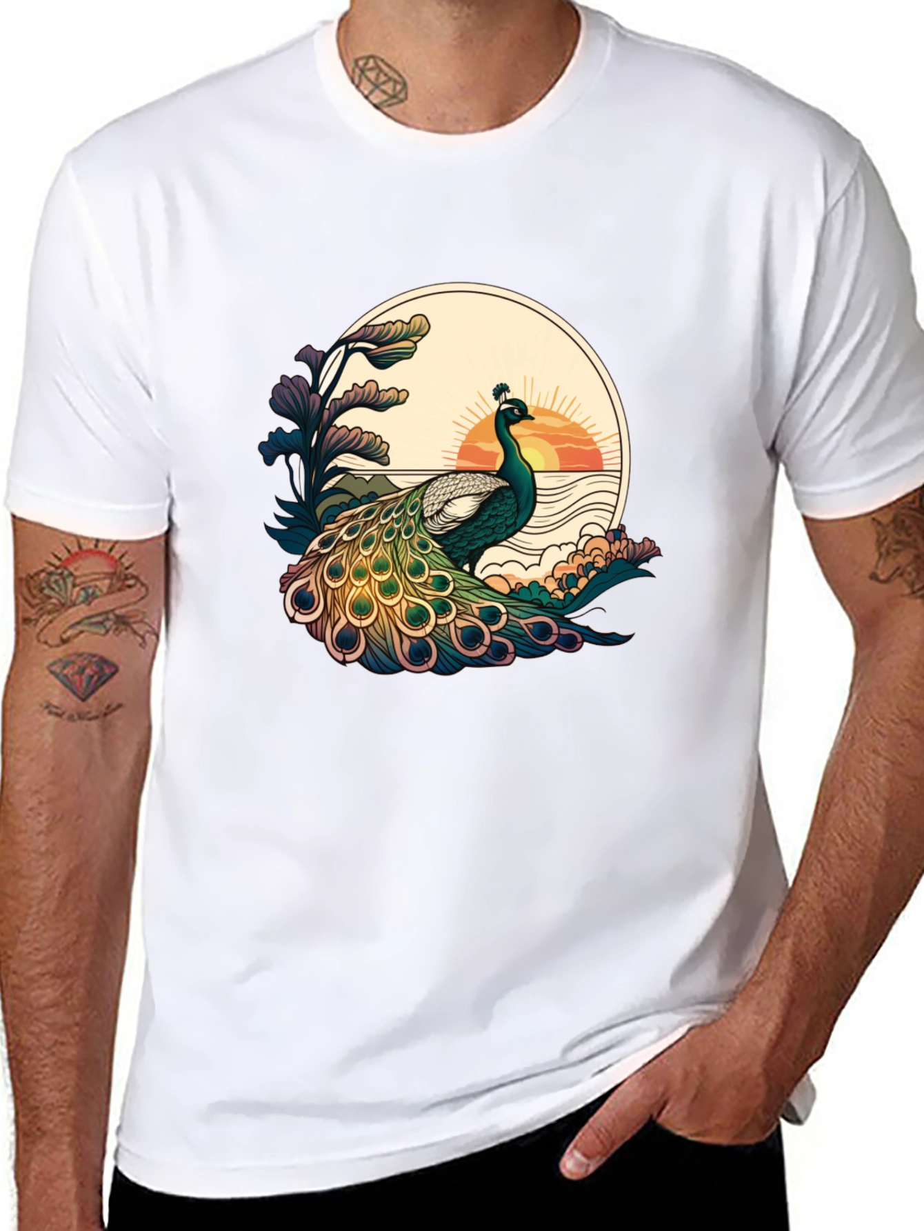 Black Peacock Sunset Graphic Tee - Stylish Black T-Shirt view 8