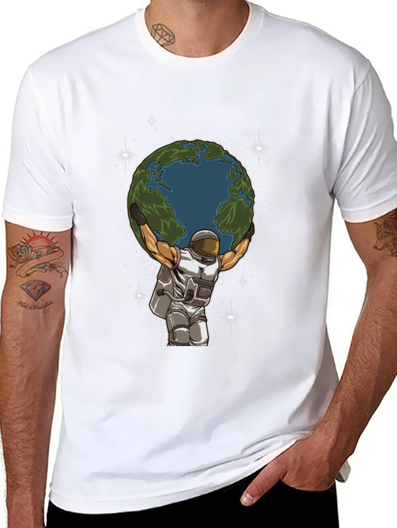 Black Astronaut Earth Lift Graphic Tee - Black Cotton T-Shirt view 8