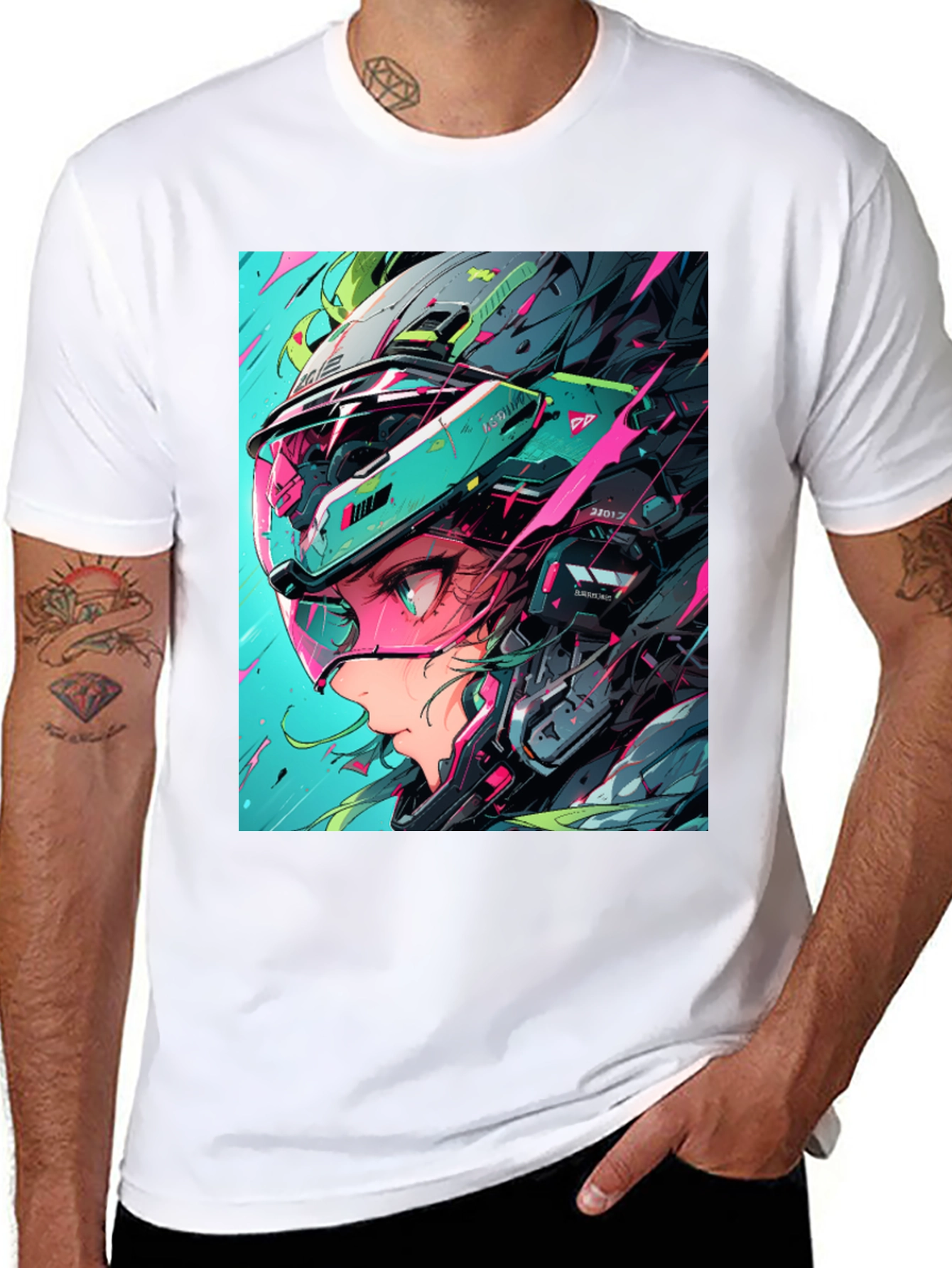 Black Cyberpunk Girl Helmet Graphic Tee view 8