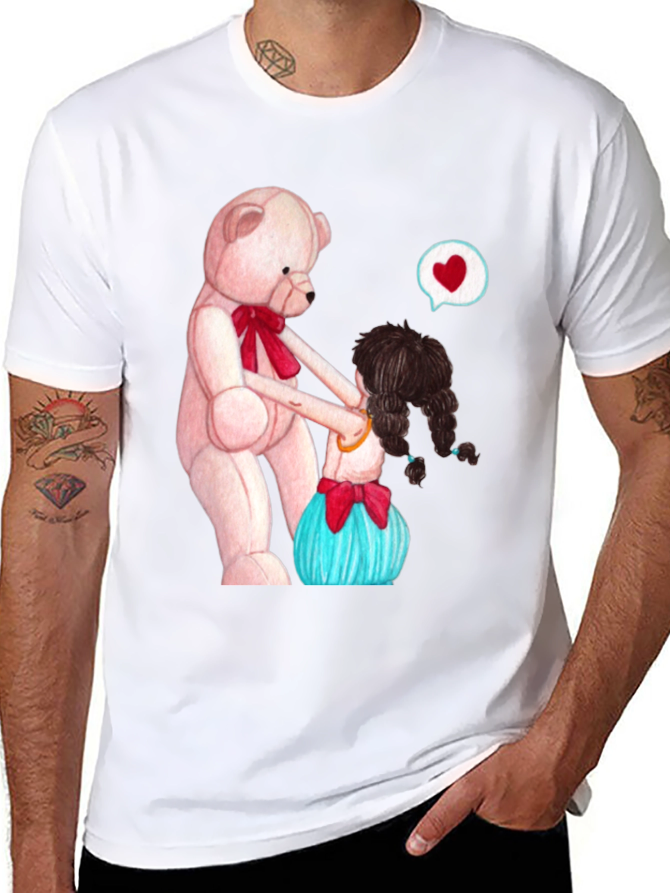 Black Cute Teddy Bear & Girl Black Graphic Tee view 8