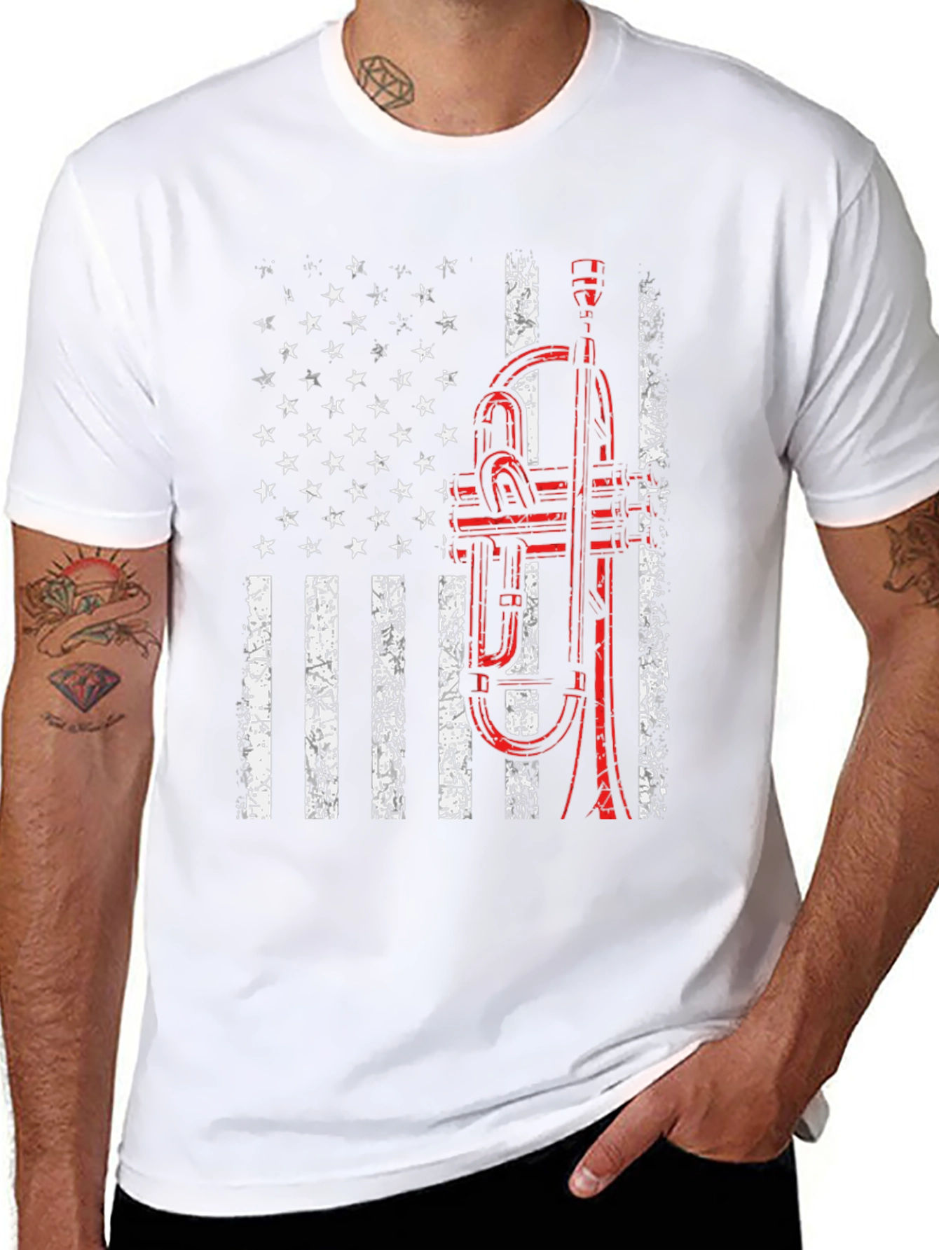 Black American Flag Trumpet T-Shirt view 8