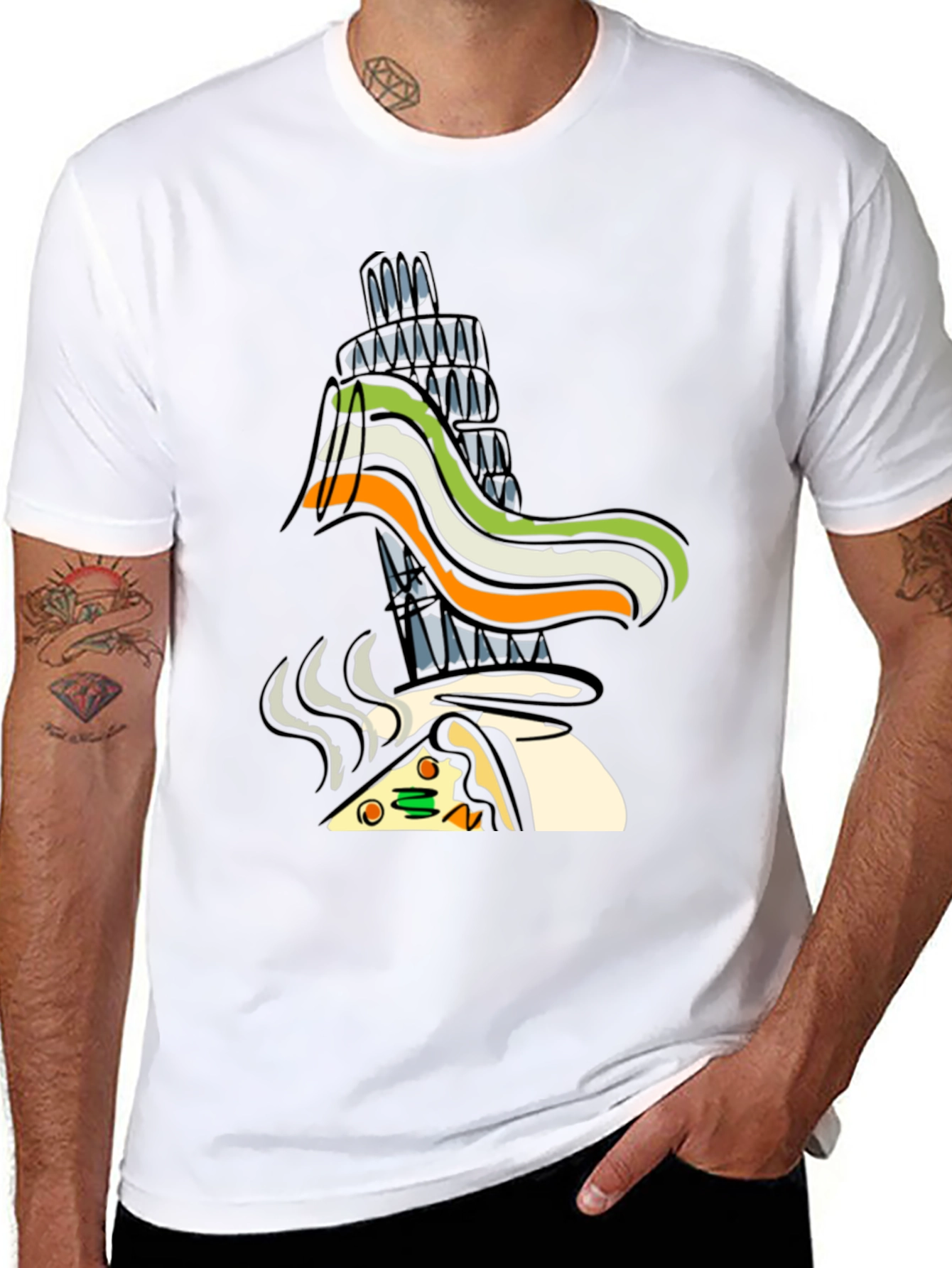 Black Whimsical Pizza & Tower Graphic T-Shirt - Black view 8