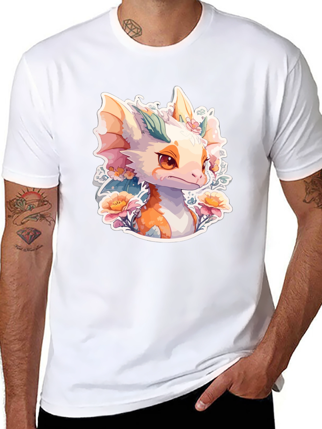 Black Dragon Floral T-Shirt: Cute Fantasy Creature Tee view 8