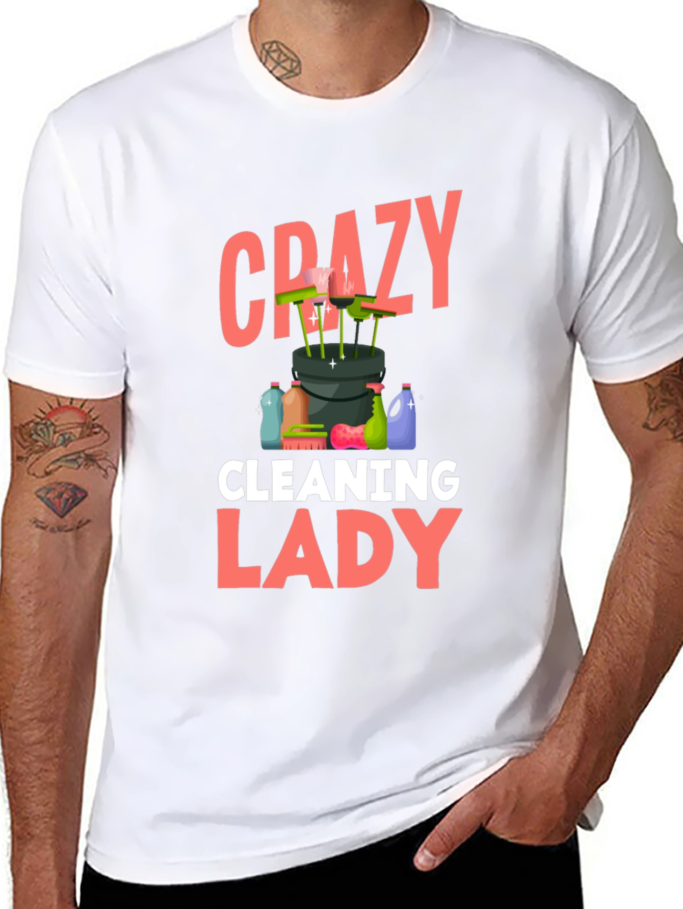 Black Crazy Cleaning Lady T-Shirt - Black Cotton view 8