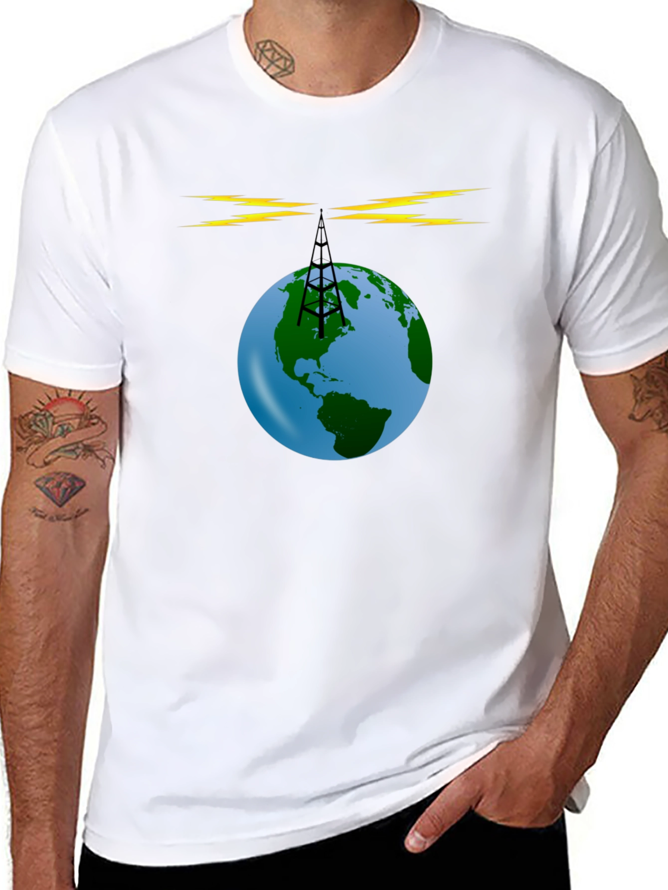 Black Global Radio Tower T-Shirt - Earth Broadcast Design view 8