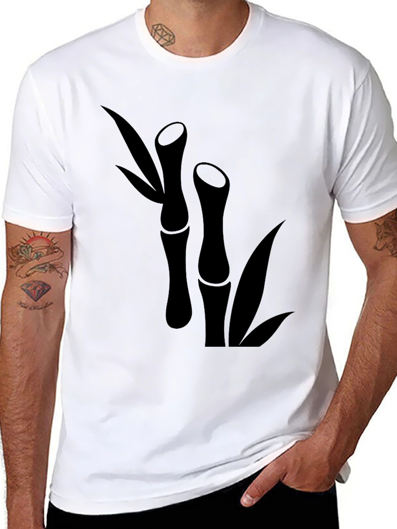 Black Bamboo Print T-Shirt - Black Short Sleeve Casual Tee view 8