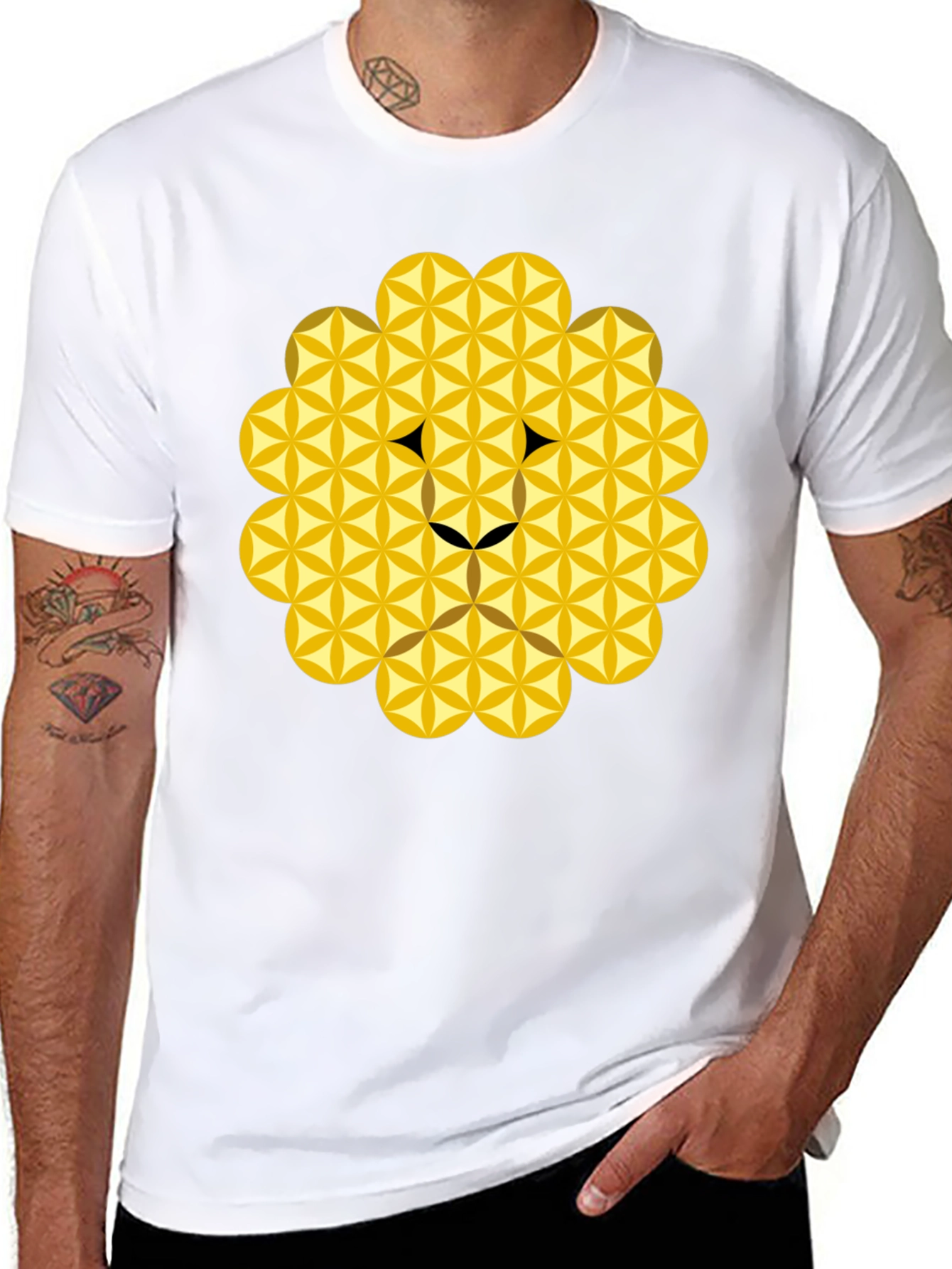 Black Geometric Flower of Life Lion Head Black T-Shirt view 8