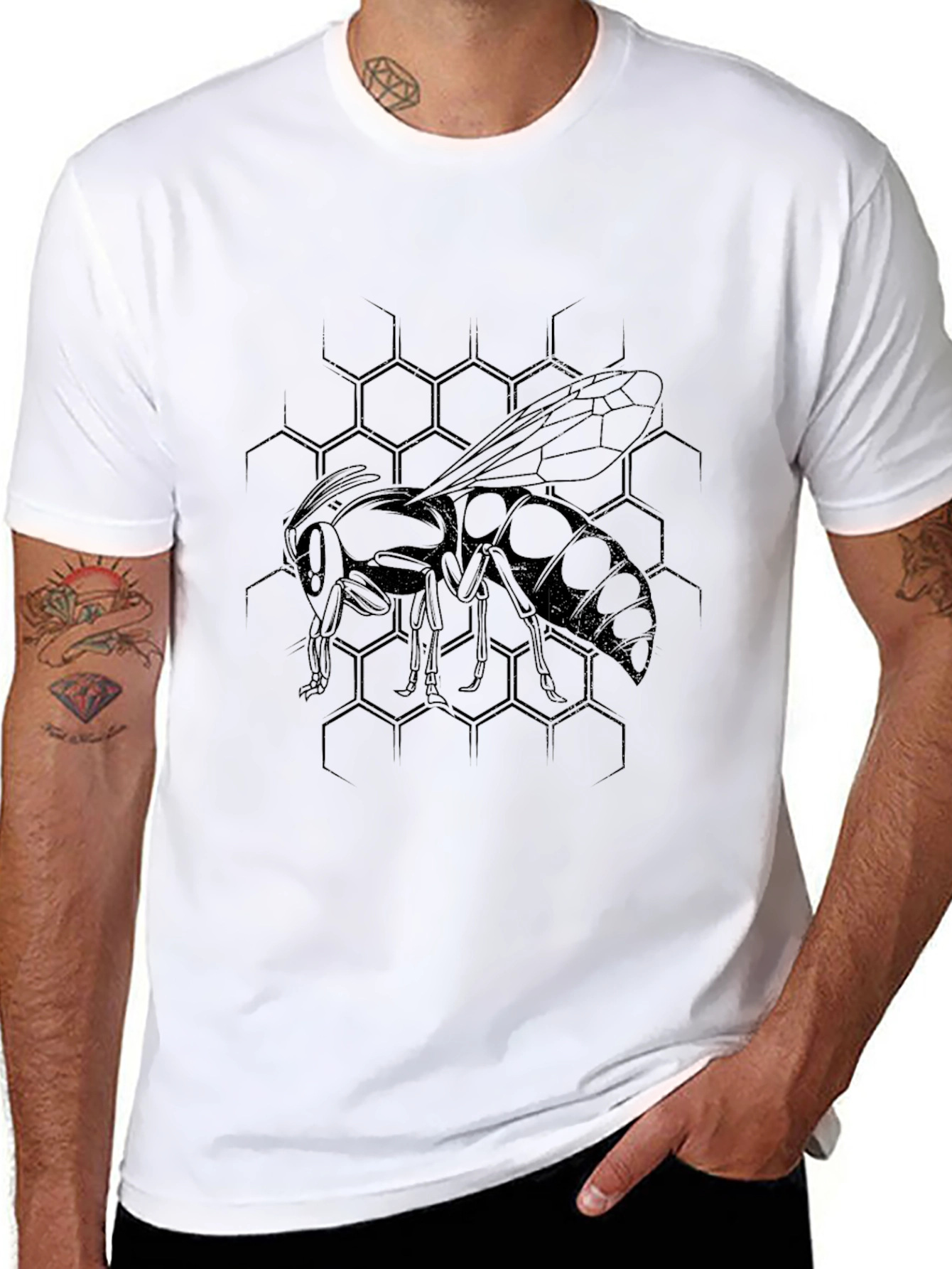 Black Men's Black Graphic Tee - Honeycomb Wasp Design view 8