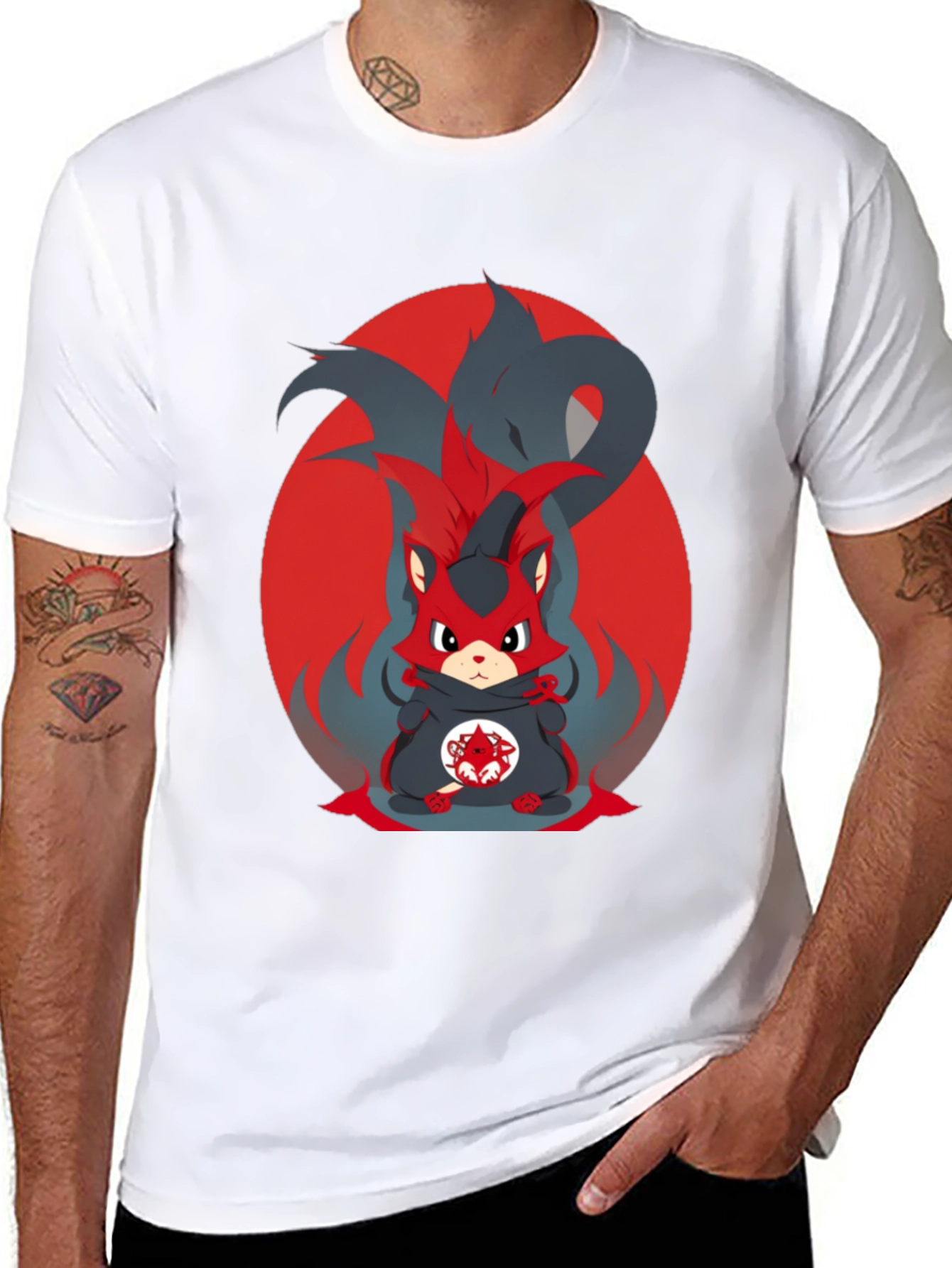 Black Anime Red Fox Graphic Tee - Men's Black T-Shirt view 8