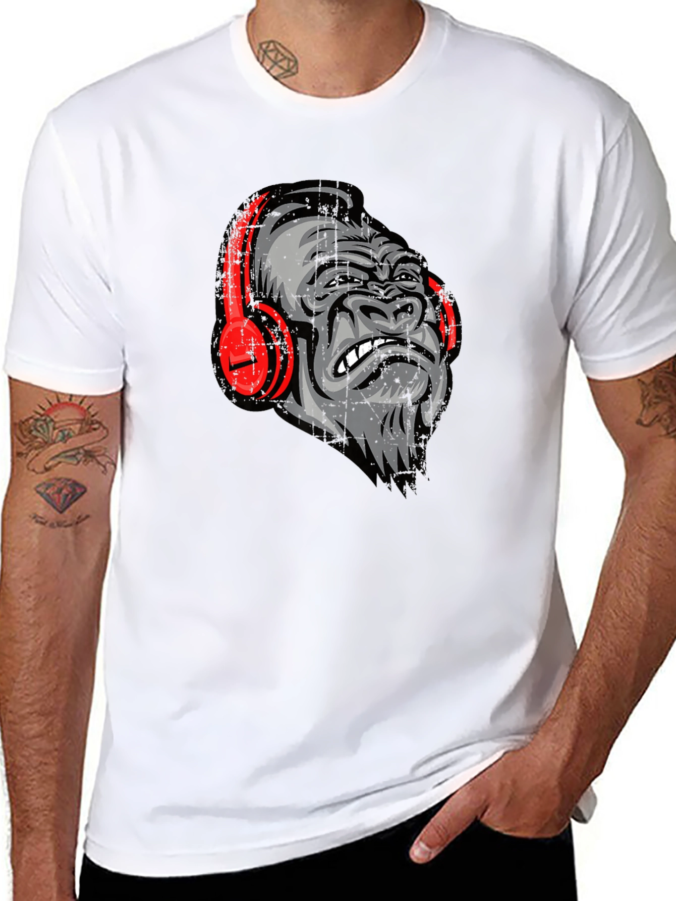 Black Cool Gorilla with Headphones Graphic Tee view 8