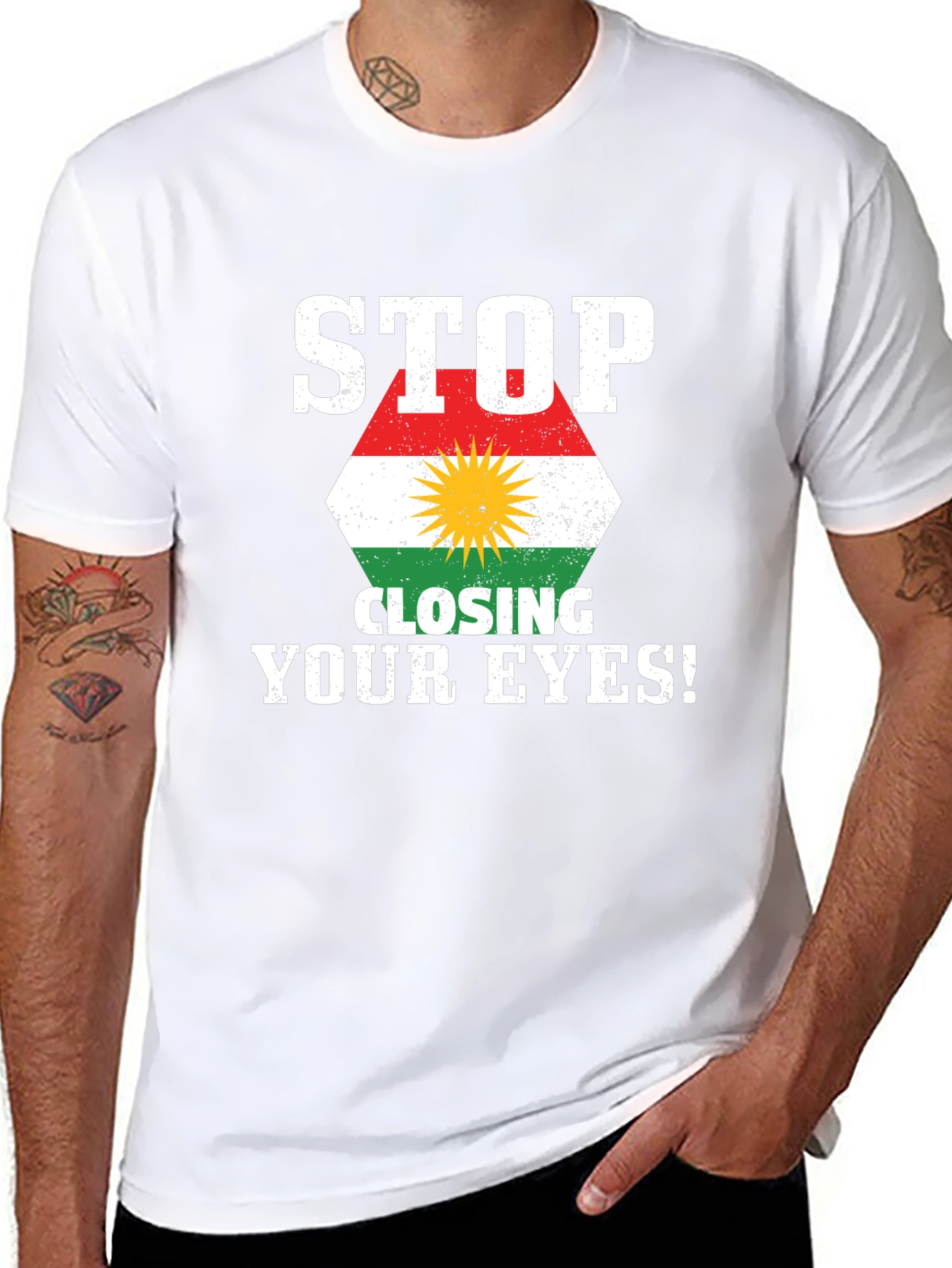 Black Stop Closing Your Eyes Kurdistan Flag T-Shirt view 8