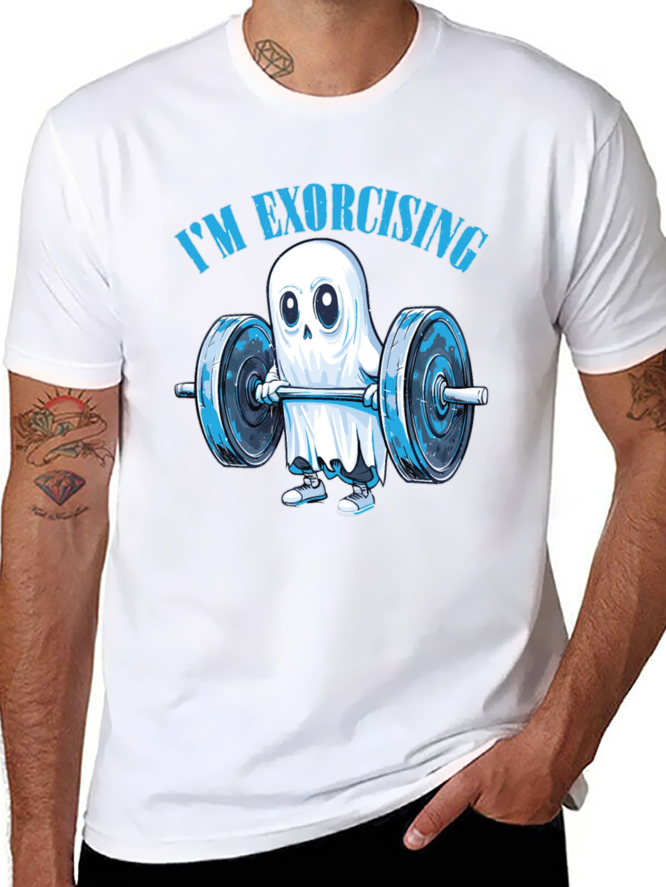 Black Funny Ghost Weightlifting T-Shirt: "I'm Exorcising!" view 8