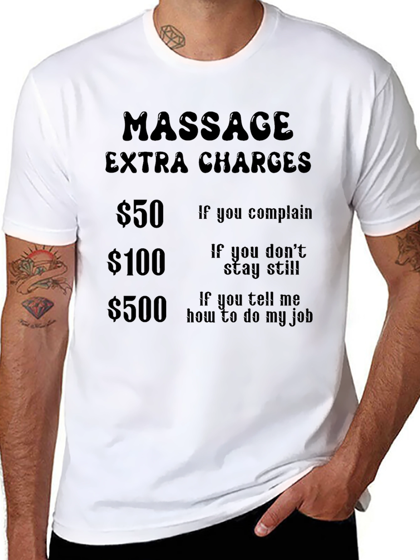 Black Massage Extra Charges Funny T-Shirt view 8