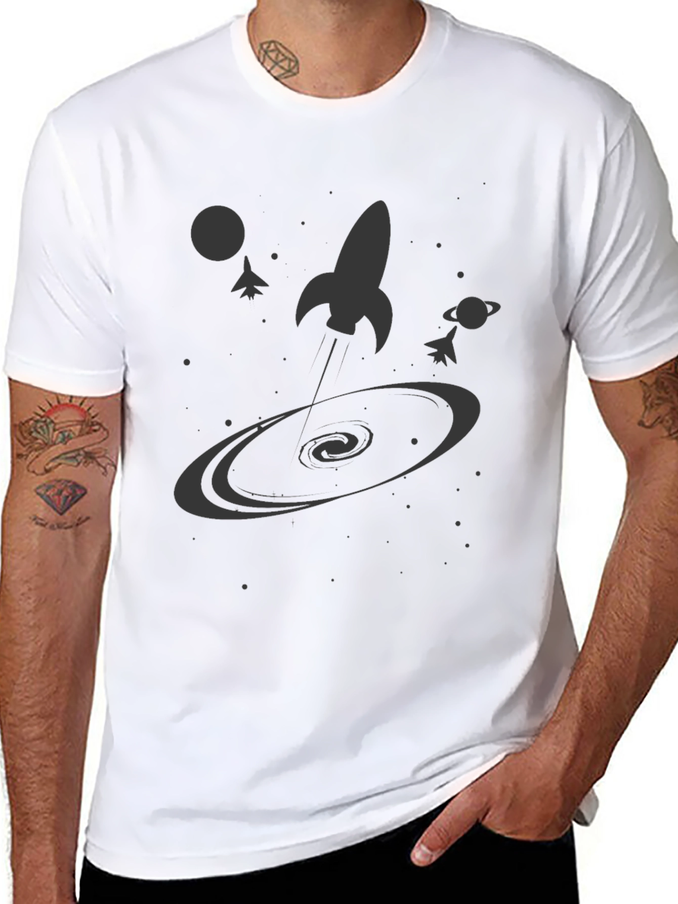Black Space Rocket Galaxy Graphic Tee - Black Cotton Casual Shirt view 8