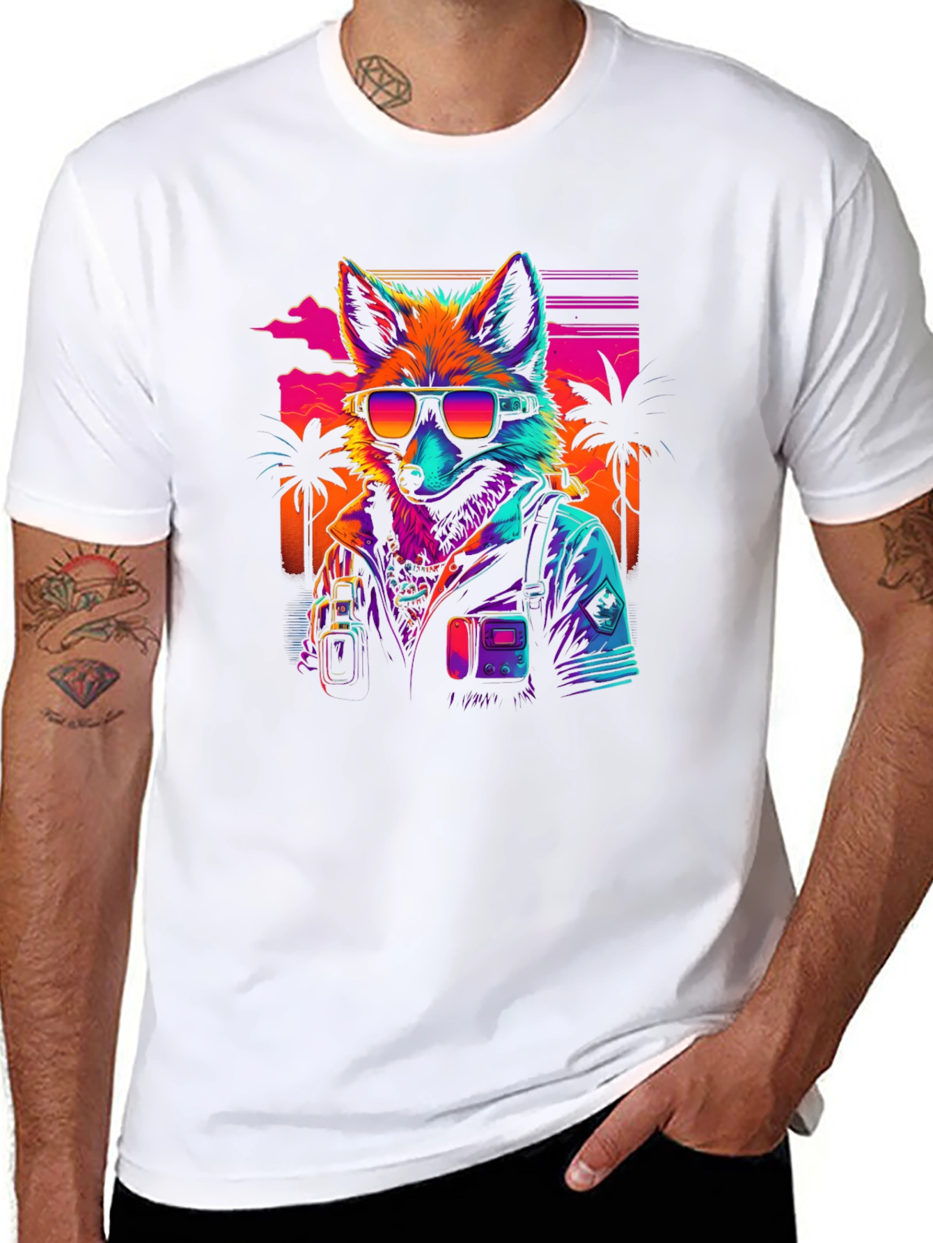 Black Retro Fox T-Shirt - Synthwave Style view 8