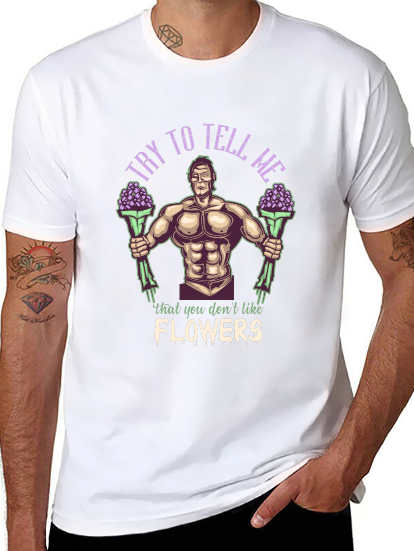 Black Funny Graphic T-Shirt - Buff Guy with Flowers view 8