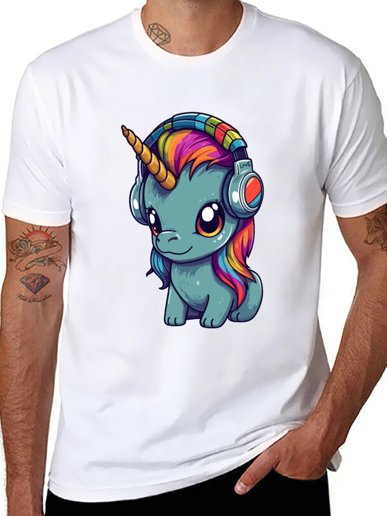 Black Unicorn Headphones Graphic Tee - Black Cotton T-Shirt view 8