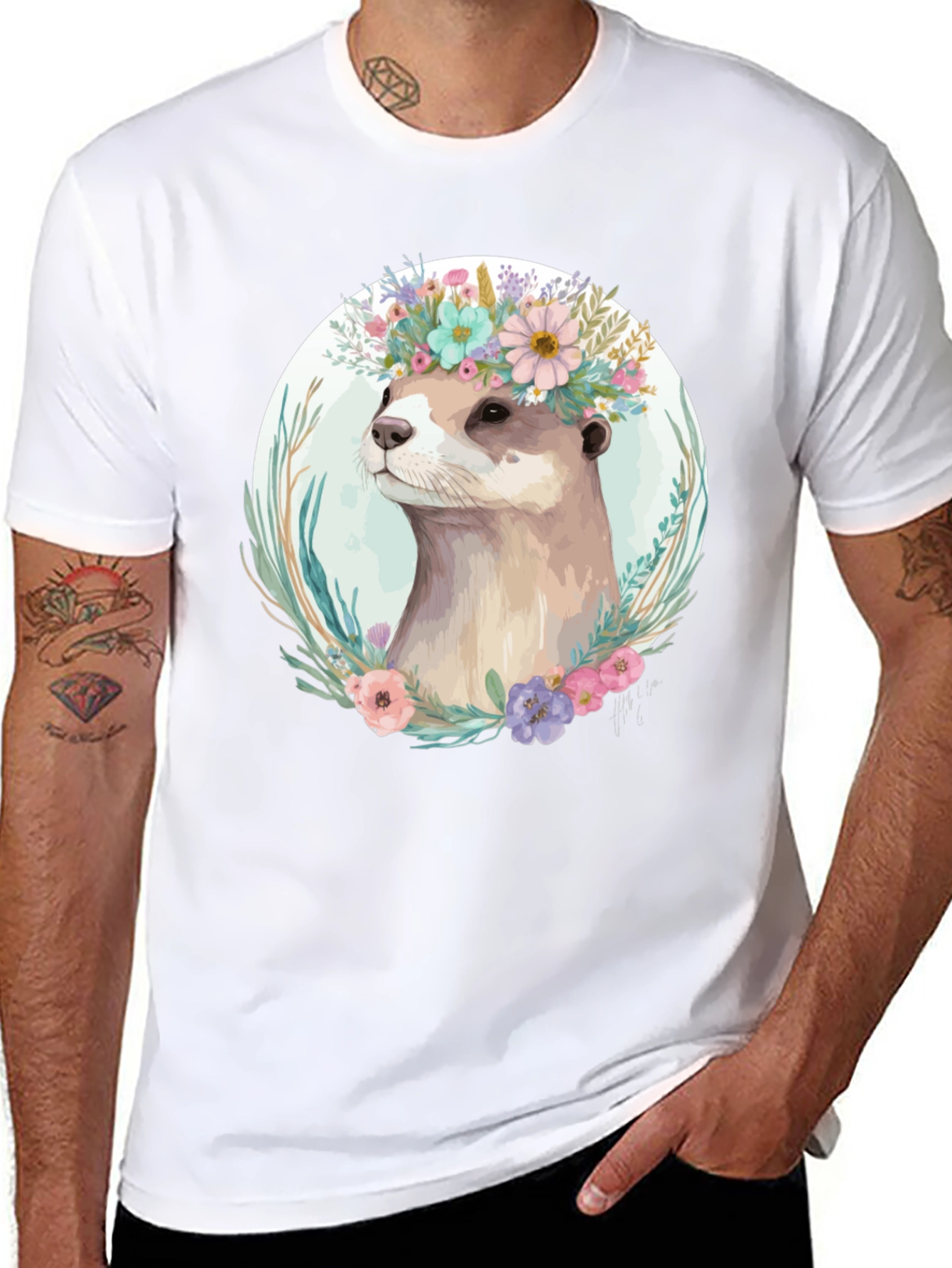 Black Otter Floral Crown T-Shirt - Stylish Animal Tee view 8