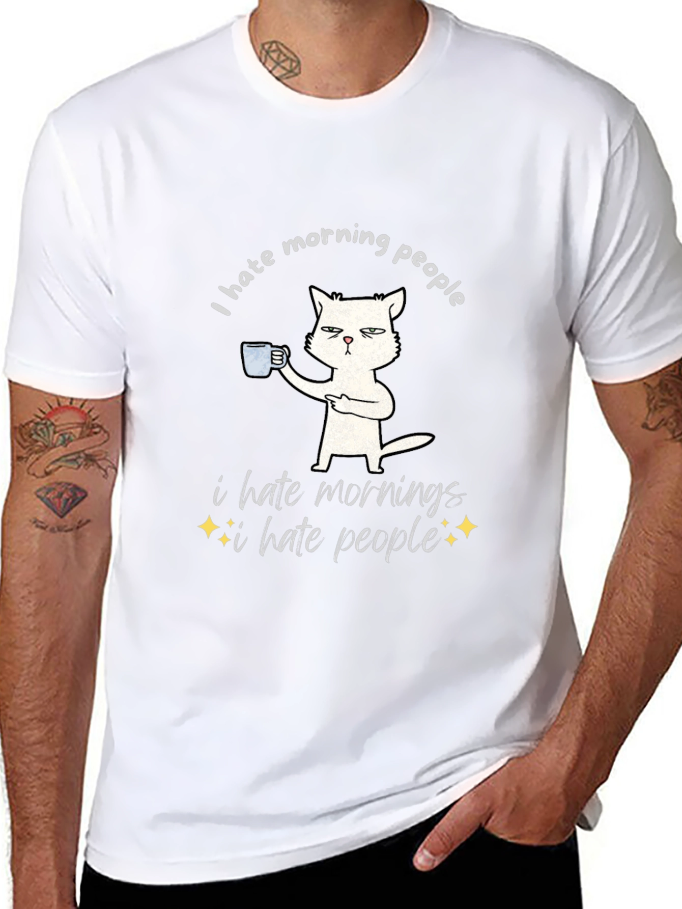 Black I Hate Morning People Cat T-Shirt - Funny Graphic Tee view 8