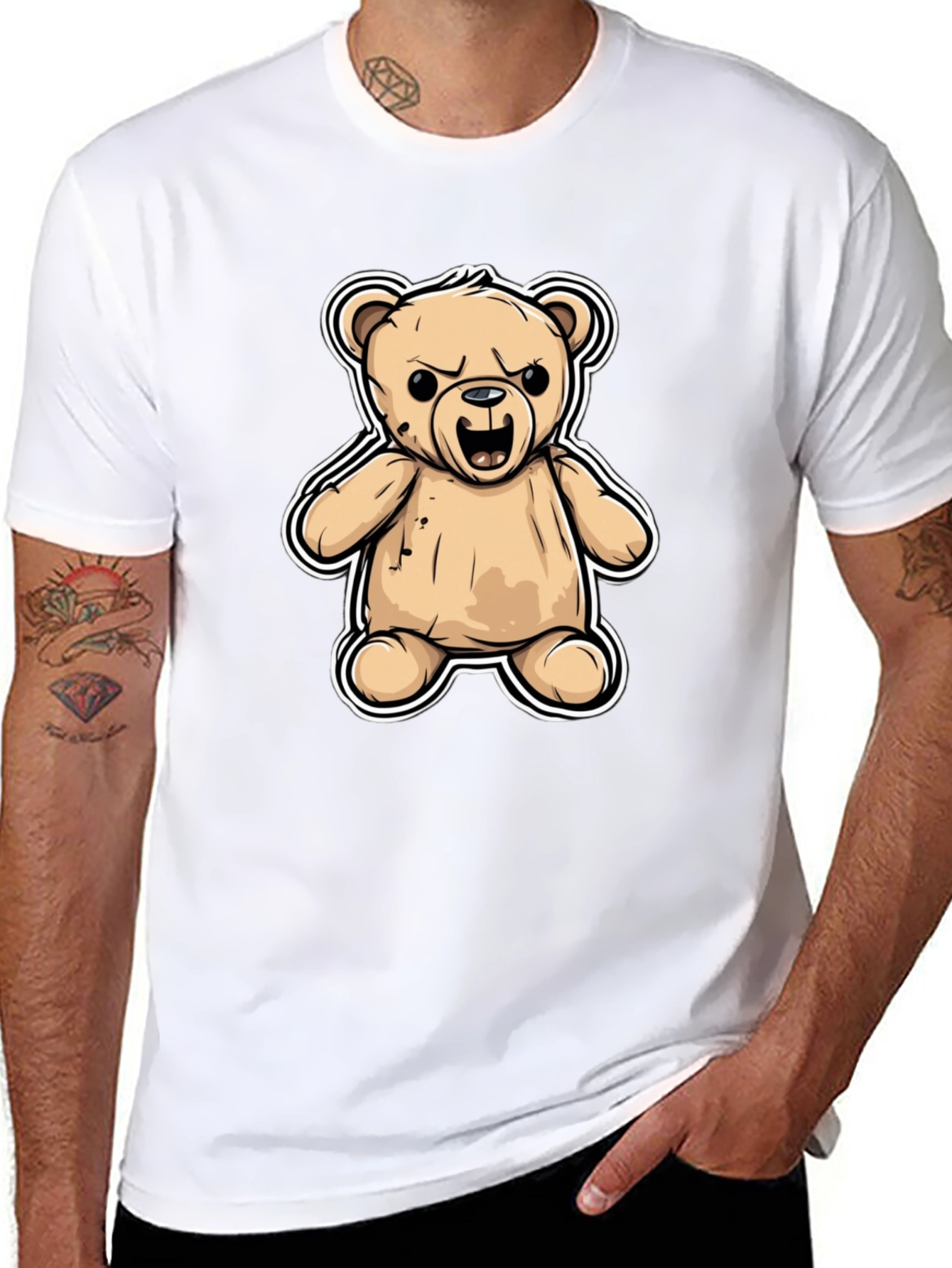 Black Men's Black T-Shirt with Cartoon Angry Teddy Bear Design view 8