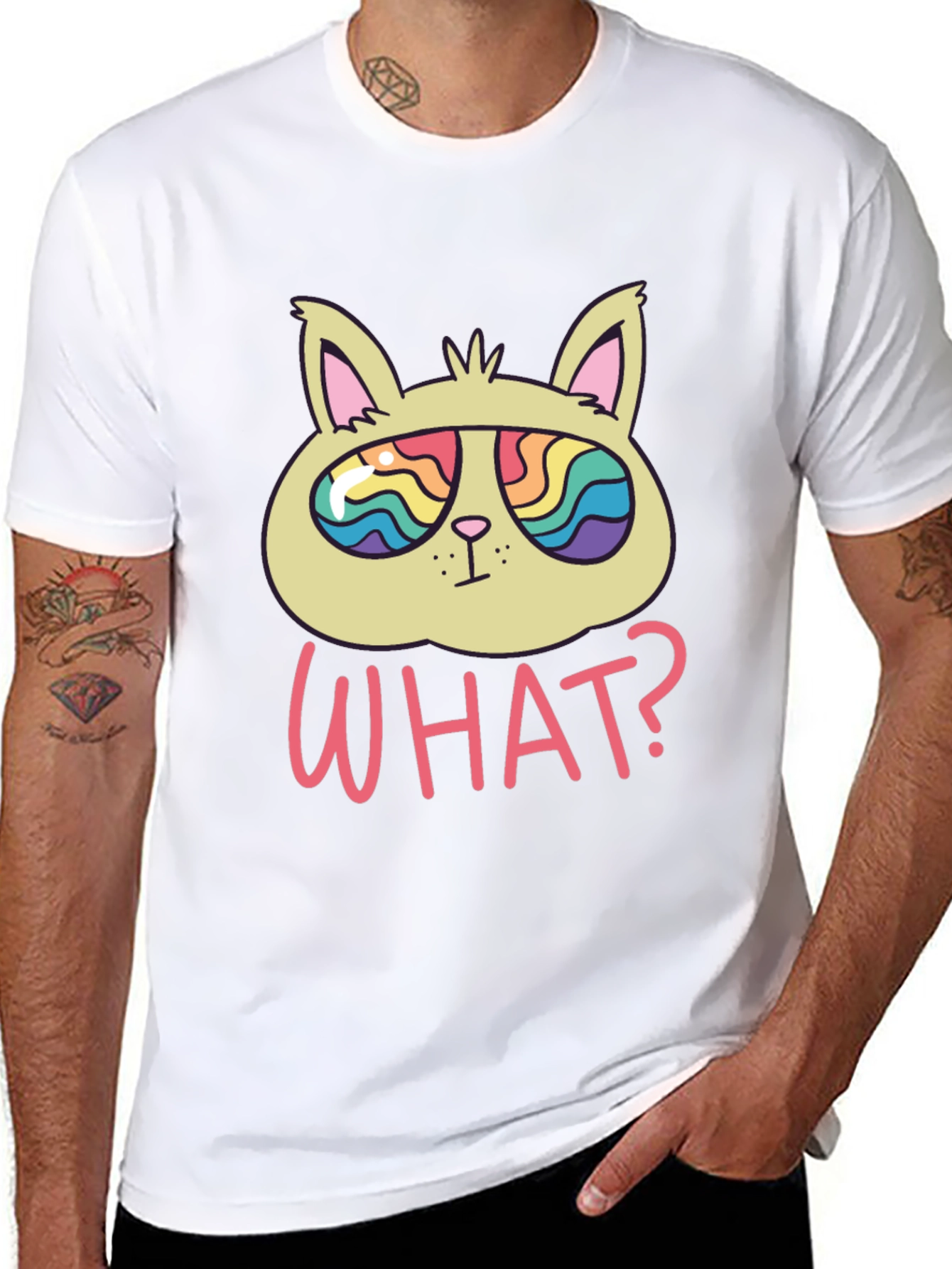 Black Funny Cat T-Shirt - What? Rainbow Sunglasses view 8